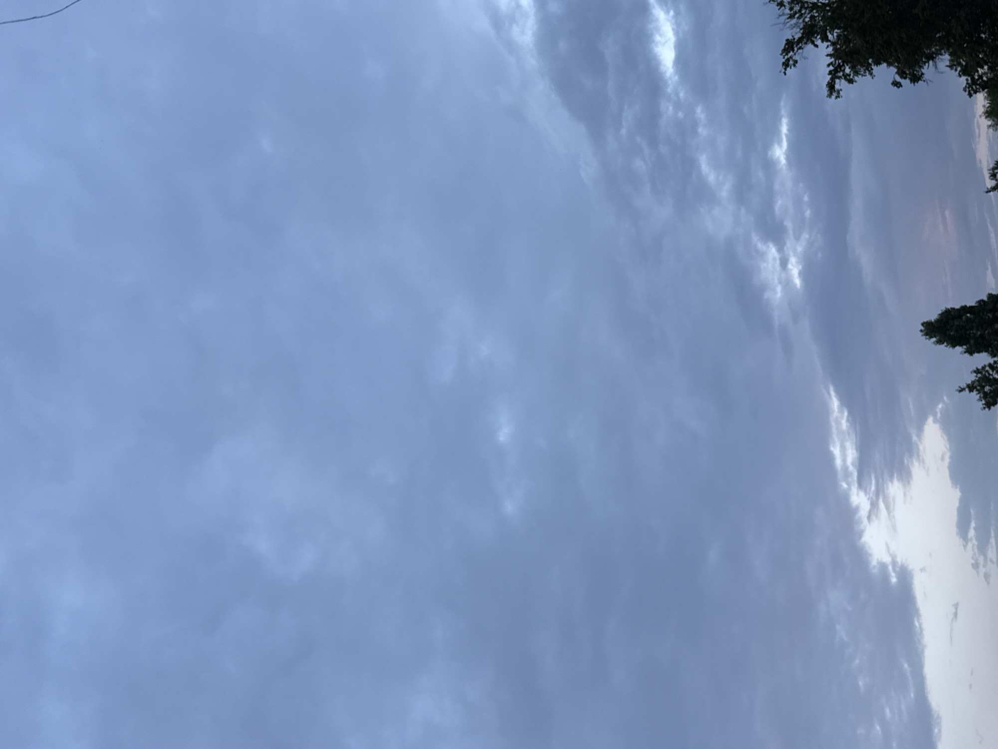The image shows a cloudy sky over the city of Bad Sachsa, Germany. The sky is a dull, overcast blue, with patches of darker clouds interspersed with lighter ones. Some of the clouds appear to be thin and wispy, while others are thicker and more dense. The light is soft and diffused, suggesting that the sun is not directly visible. In the lower part of the image, the dark silhouettes of trees can be seen against the lighter sky, indicating the presence of a wooded area. The overall impression is one of a somber or muted atmosphere, typical of cloudy weather. There are no people or man-made objects clearly visible in the scene, and no actions or interactions are depicted.