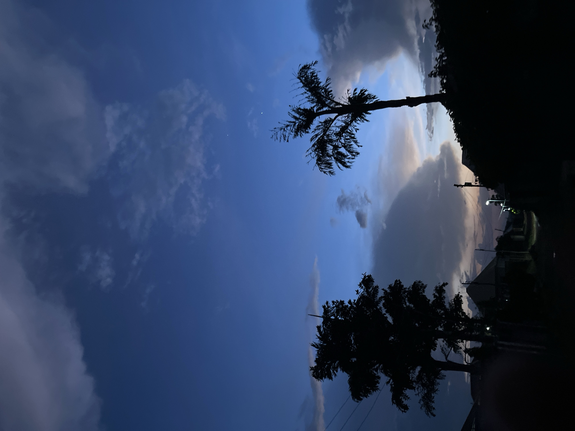 This vertical shot captures a twilight sky over what appears to be a residential or suburban area, observed from a low angle looking upwards. The sky dominates the upper two-thirds of the frame, displaying a gradient of deep blue fading into lighter blues and soft, pale orange-pink hues towards the right side, indicative of a sunset or just after dusk. Numerous clouds are scattered across the sky; some are dense and dark grey, particularly on the left, while others are thinner and wispy.
Silhouetted against the vibrant sky are two prominent trees and other urban elements. On the left, a tall, slender palm-like tree stands out, its fronds subtly swaying. To the right, a denser, bushier tree is visible. Below these trees and along the right edge of the frame, the dark outlines of buildings or houses, a utility pole with overhead lines, and illuminated streetlights can be discerned, suggesting an evening scene where artificial light begins to punctuate the encroaching darkness.
In the upper left quadrant of the blue sky, two faint white dots are visible, possibly representing stars or planets. No people or specific activities are observable. The overall mood is calm and serene, capturing the transition from day to night. The image provides visual cues of an outdoor setting in Jos, Nigeria, during the evening hours. No text is visible in the image.