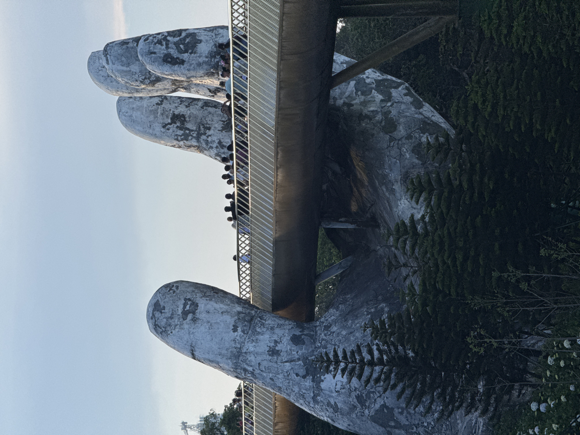 A mid-distance shot captures the Golden Bridge (Cầu Vàng) at Bà Nà Hills, located approximately 20 kilometers southwest of Đà Nẵng, Vietnam. The elevated pedestrian bridge is prominently featured, appearing to be held by two colossal, weathered concrete hand structures. These hand structures are light grey with darker weathered patches and cracks. The bridge deck is a dull gold color underneath, topped with a pedestrian walkway and a silver-colored metal railing featuring a diagonal crisscross pattern.
Approximately 25 to 30 individuals are visible on the bridge, distributed along its length. Most are standing or walking, facing various directions. Their attire appears casual. The environment is lush, with dense green coniferous trees and other vegetation visible below and around the concrete hands and bridge supports. The sky above is clear to lightly clouded, indicating daytime conditions. A tall, light-colored construction crane is partially visible in the upper left background. Natural light illuminates the scene, creating some shadow definition on the structures.