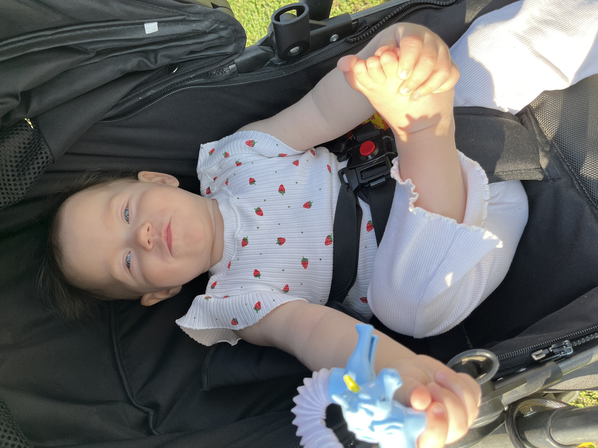 A baby is lying in a black stroller. The baby has fair skin, blue eyes, and dark hair. The baby is wearing a white onesie with a pattern of strawberries. The baby's legs are bent, and the baby is holding its feet with its hands. The stroller is outdoors in the sunlight. The location is not in Chaikovsky, Russia.