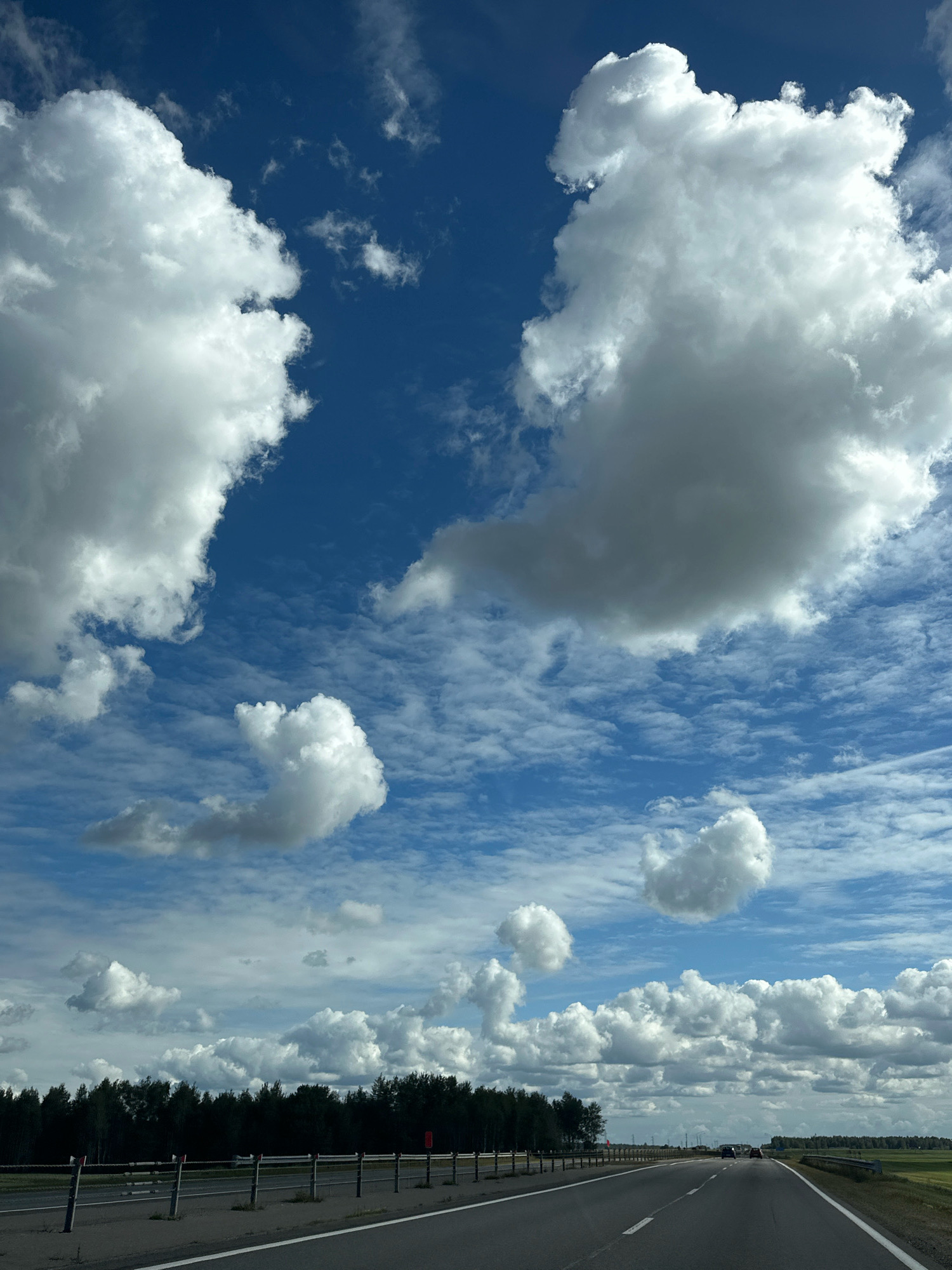 The image captures a road view under a dynamic sky filled with cumulus clouds. The road, a paved asphalt surface, is visible in the foreground, with white lane markings and a guardrail to the left. A dense line of dark green trees forms a boundary beyond the guardrail, with a hint of agricultural fields to the right. The sky is a vibrant blue, populated by various sizes and densities of white and gray clouds, suggesting fair weather with some cloud buildup. The location is identified as a road in the vicinity of Дукорскі сельскі Савет, Belarus. There are no people or active interactions visible in the scene.