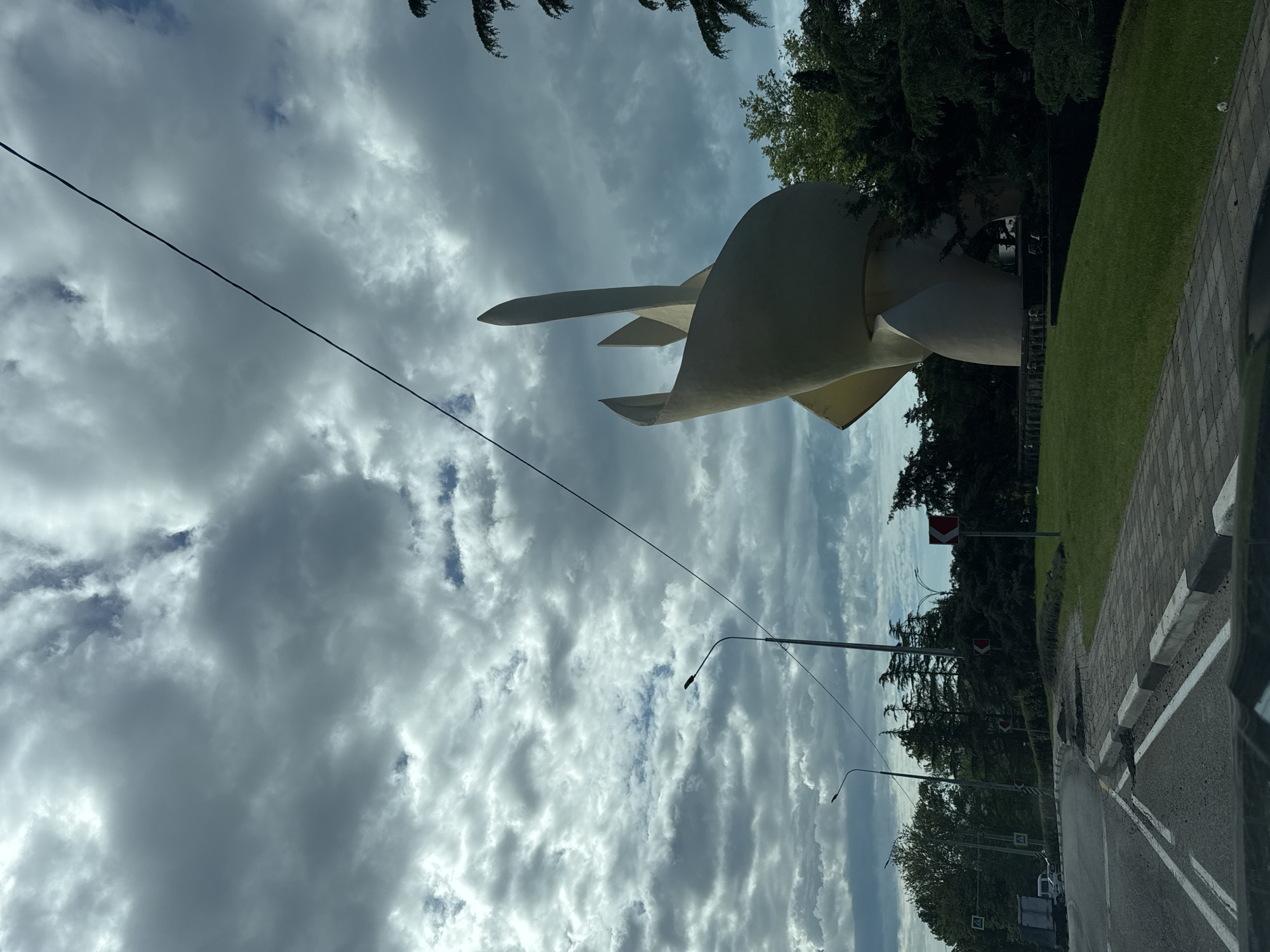 The image depicts the monument "White Swan" located in Novomikhaylovsky, Russia. The sculpture, a light-colored abstract form resembling a swan, is positioned against a backdrop of cloudy sky and green trees. A utility wire diagonally crosses the upper portion of the frame. Streetlights line a road adjacent to a grassy area. The photograph appears to have been taken from within a vehicle.