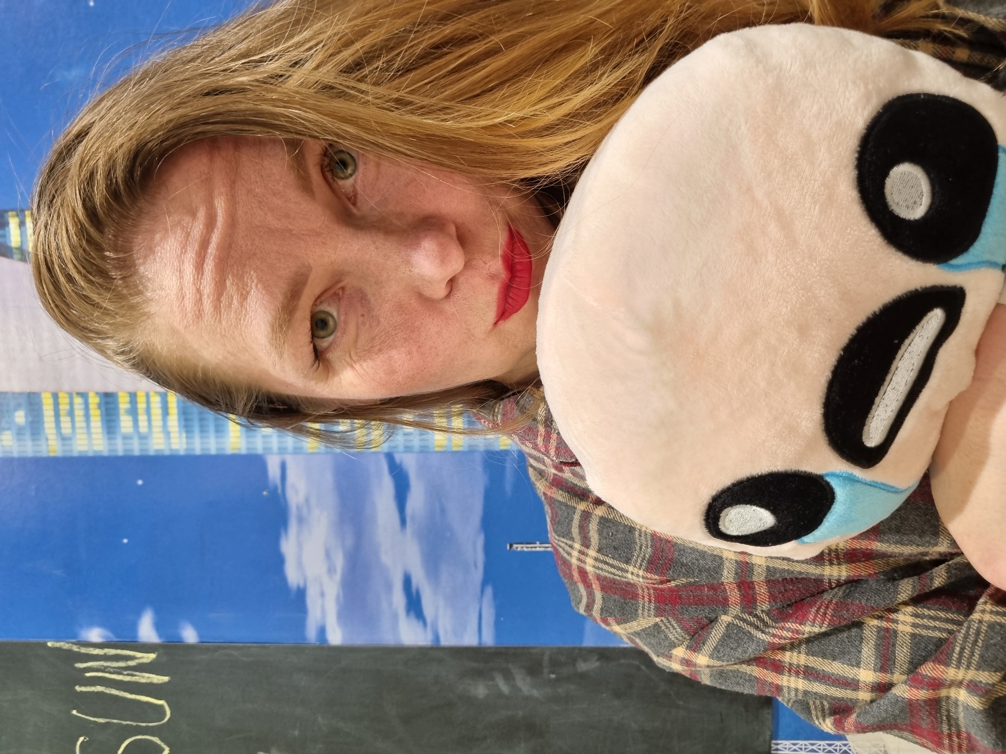 A woman is holding a plush toy against a backdrop with an image of skyscrapers and a cloudy blue sky. She has fair skin, reddish-blonde hair, and green eyes, and is wearing red lipstick. Her expression is somewhat pensive. She is wearing a plaid shirt with a mix of grey, red, and beige colors. The plush toy is light pink with black and white eye shapes and blue tear details. In the foreground, the edge of a chalkboard is visible with some writing on it. The image seems to be taken indoors, possibly against a wall-mounted backdrop. There is no indication of the city of Chaikovsky, Russia.