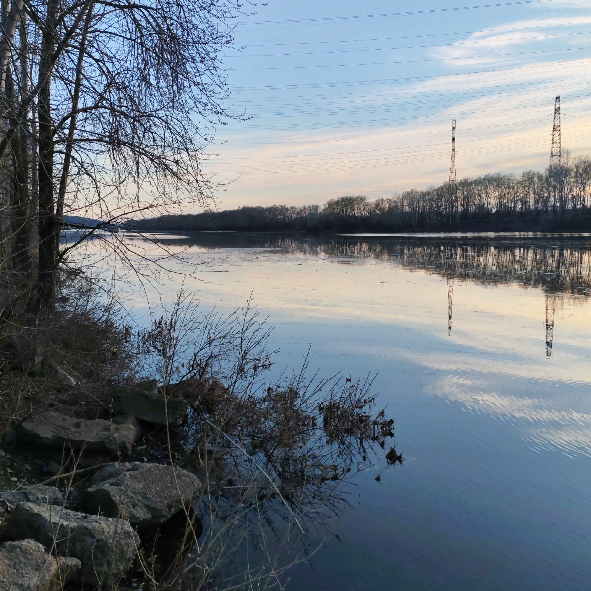 The image depicts a tranquil scene of the Kama River in Chaikovsky, Russia. The river, reflecting the pastel hues of the early evening sky, dominates the view. Bare trees line the left bank, their branches silhouetted against the sky. A rocky shoreline is visible in the foreground, with shrubs partially submerged in the water. On the opposite bank, a dense line of trees runs along the horizon. Two power line towers are visible on the right side of the image, near the horizon. Power lines stretch across the sky. The overall atmosphere is calm and serene.