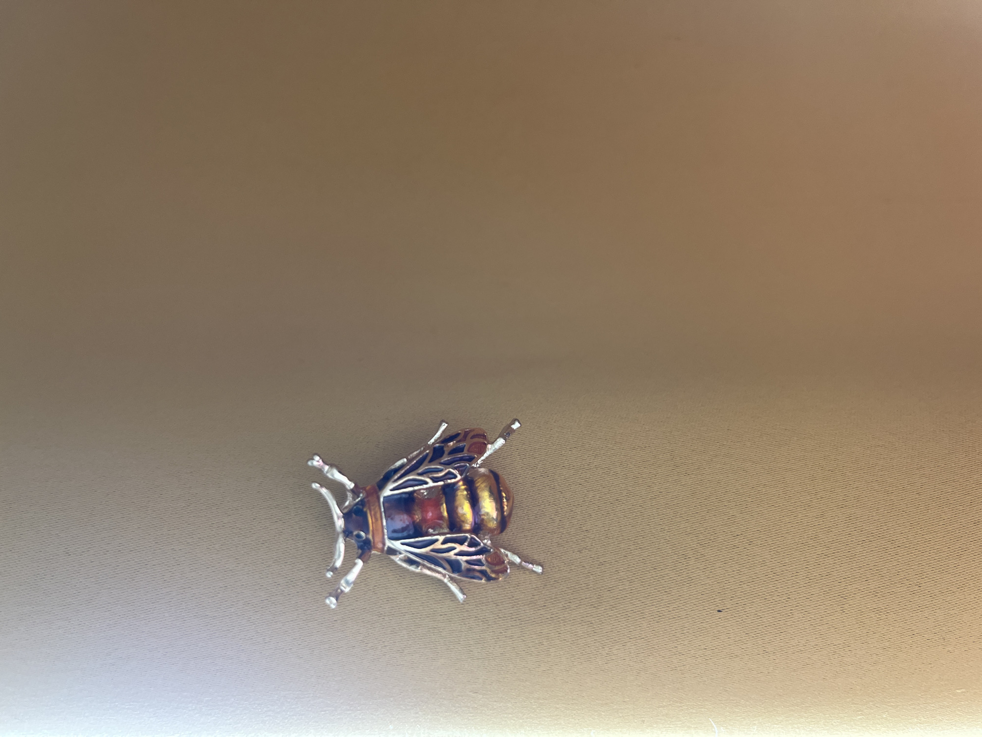 A close-up, high-angle shot shows an enameled bee brooch. The brooch is detailed with a brown and yellow striped abdomen, translucent wings outlined in black, and silver legs and antennae. It is positioned on a textured, tan surface. The background is out of focus and transitions from a bright, white light on the left to a muted brown on the right. There is no indication of the city of Moscow, Russia, or any specific location.