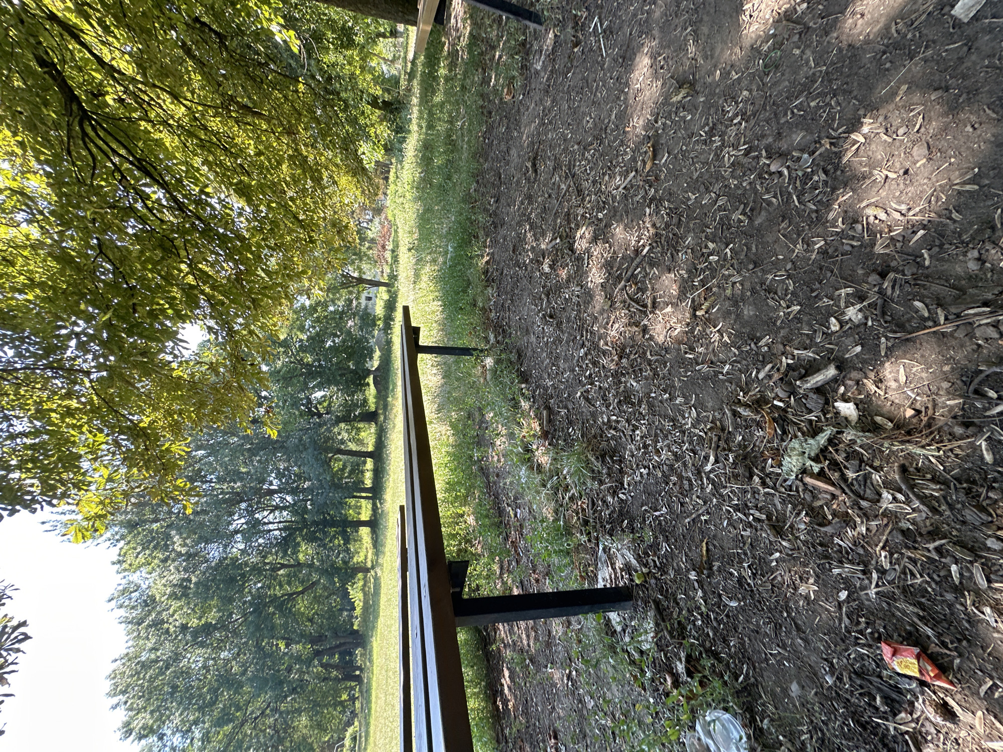 The image depicts an outdoor scene in Makiv, Ukraine, featuring a park with two long, dark wooden picnic tables supported by black metal legs. The tables are positioned on a dirt path covered with fallen leaves and debris. Beyond the tables, a grassy area is visible, dotted with wildflowers. In the background, a line of mature trees with green foliage forms a dense line, with sunlight filtering through their leaves. The sky is bright and clear. There are no people or animals visible in the image. Litter, including a crumpled plastic wrapper and a red and yellow candy wrapper, is present on the ground near the tables.