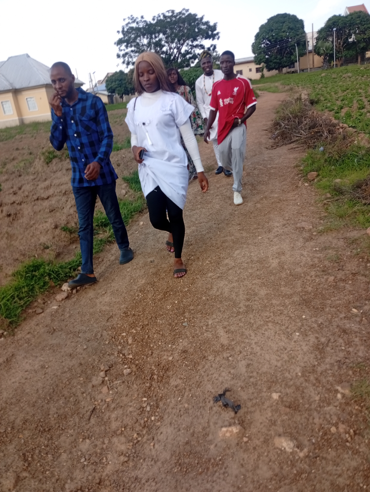 The image shows a group of five individuals walking along a dirt path in Rafin Par, Nigeria. The time of day appears to be late afternoon or early evening, with soft, diffused lighting suggesting overcast skies. The setting is a rural or semi-rural area, with a building that has a light-colored facade and a dark roof visible in the background to the left. Lush green vegetation and trees are also present, indicating a temperate or tropical climate.
In the foreground, a young woman in a white medical uniform, possibly a nurse or doctor, is walking with her head down, holding a dark object in her hand. To her left, a man in a blue and black checkered shirt and dark pants walks in the same direction, looking towards the woman and speaking into his phone. Behind them, another man in a red football jersey with white lettering is walking, with a smile on his face. Further back, a person in a white garment and a traditional hat is also visible, as is another individual partially obscured.
The path is dusty and uneven, with scattered stones and dry plant matter. The overall mood seems casual, possibly a group of friends or colleagues on a walk. There is no visible text in the image. The presence of the medical uniform might suggest a visit to or from a clinic or hospital in the area.