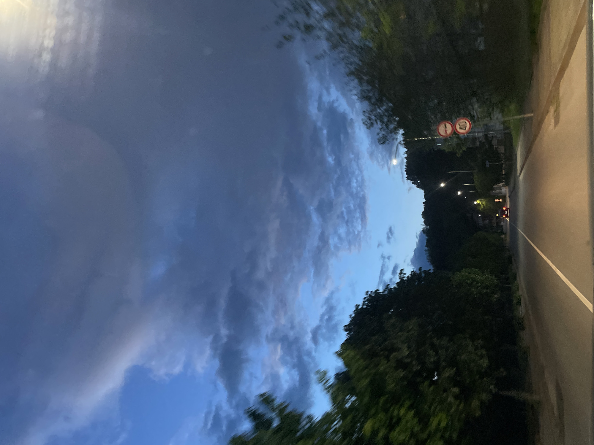 A dusk scene shows a road with trees and the sky. The road has a white line on its right and leads into the distance where a car with its headlights on is visible. On the left side of the road, there are trees and street lights. Above the trees, there is a cloudy sky with varying shades of blue. Road signs are visible near the trees on the left. The image is taken from a slightly elevated position, potentially from a moving vehicle. The location could be inferred as Zlatograd, Bulgaria based on the user's query.