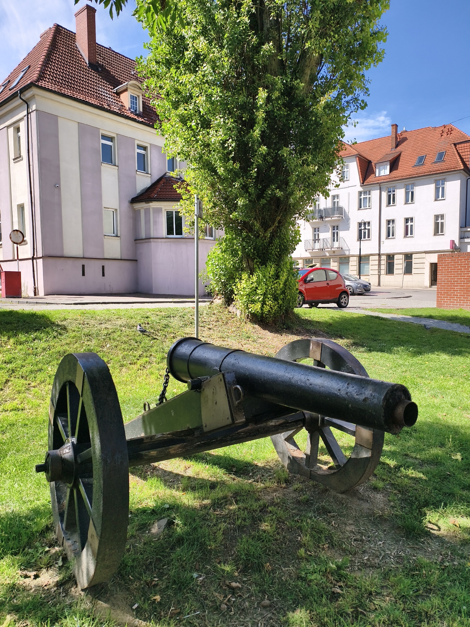 A black cannon on a wooden carriage with two large spoked wheels is positioned on a grassy lawn. The cannon is angled towards the right side of the frame. Behind the cannon, a large tree with green foliage is prominent. In the background, there are several buildings. To the left, a light purple and cream striped building with a red-tiled roof is visible. To the right, a white building with a red-tiled roof and multiple windows is present. A red car is parked in front of the white building, and a silver car is parked behind it. The scene is illuminated by bright sunlight, casting shadows on the grass. This image was taken in Tczew, Poland, on June 19, 2023.