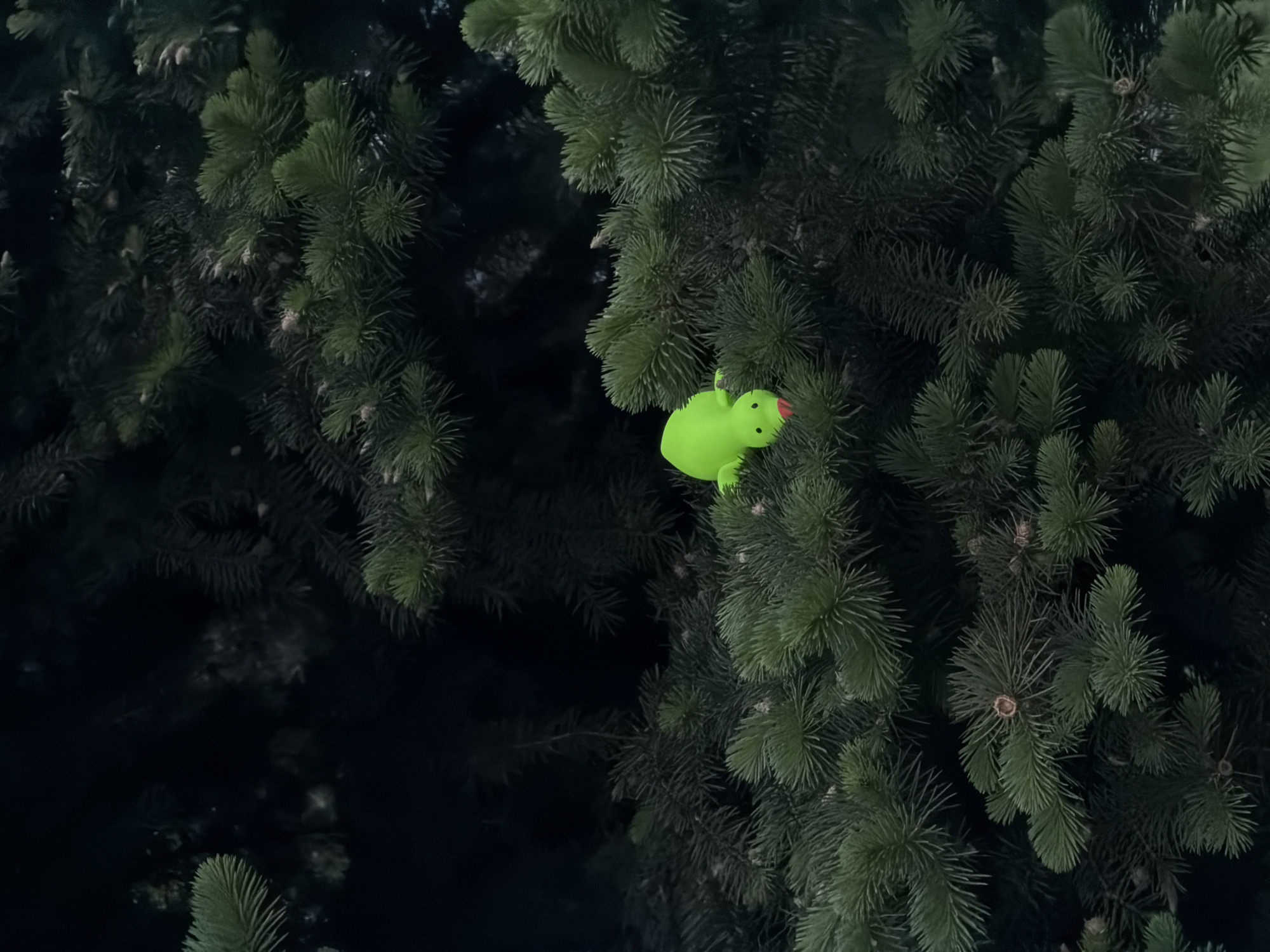 A bright green, rubber-like animal toy, possibly a lizard or dinosaur, perches on the branch of a dark green evergreen tree, such as a fir or spruce, in an outdoor setting. The background is filled with more tree branches and foliage. The image was probably taken somewhere in Russia, such as Moscow.