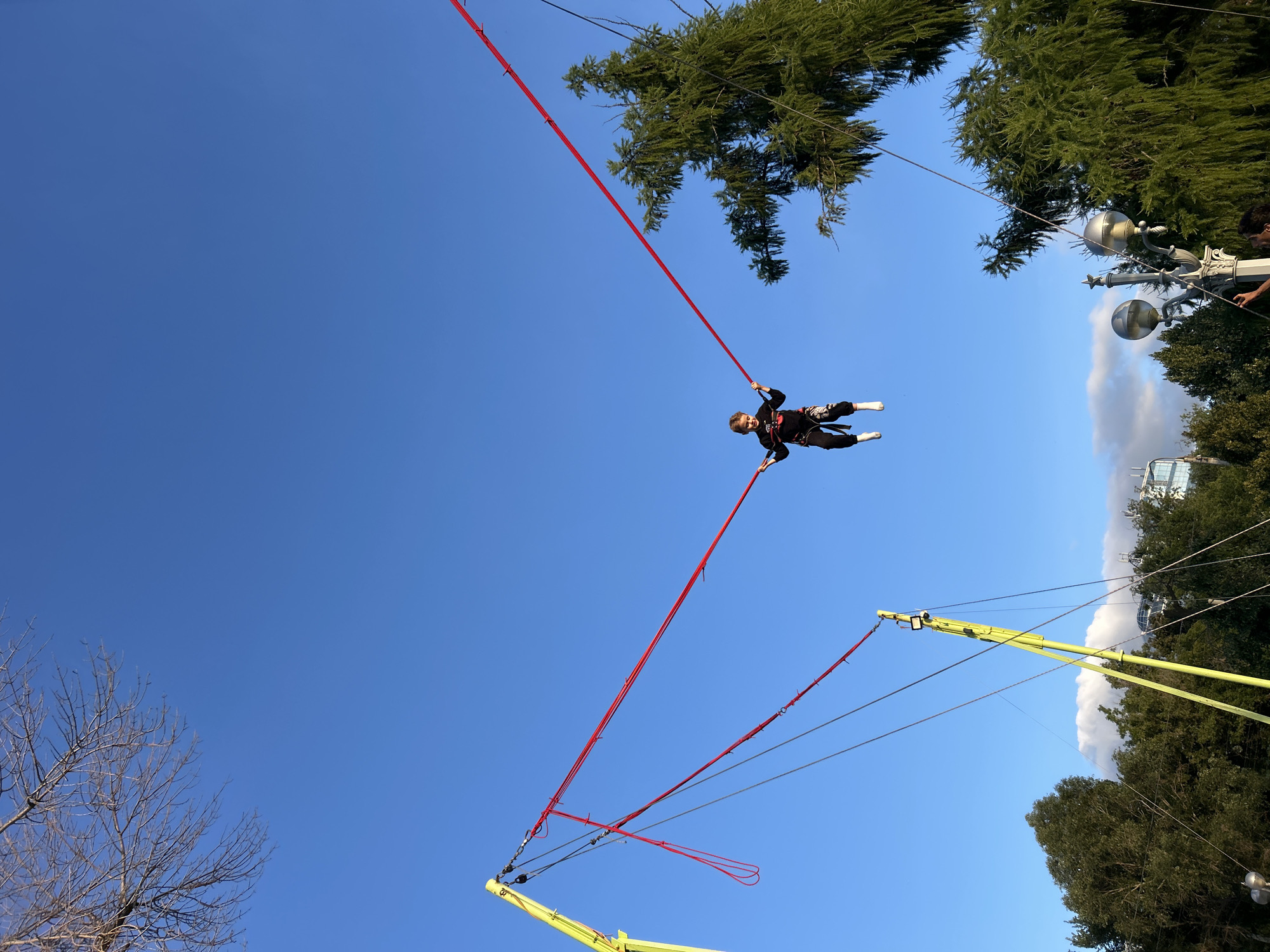 A young boy, wearing a black shirt with red accents and black pants with a patterned design, is suspended in mid-air by bungee cords attached to a yellow metal frame. The boy is positioned centrally in the frame, with his arms outstretched to the sides, gripping the red bungee cords. He appears to be in the middle of a jump or bounce. The background consists of a clear blue sky, with some bare tree branches visible in the upper left corner and a large green coniferous tree on the right. In the lower portion of the image, more trees and parts of what appear to be streetlights and buildings are visible. The scene suggests an outdoor recreational area, possibly a park or amusement center. The location is identified as the city of Novokuybyshevsk, Russia, though specific landmarks that confirm this location are not identifiable in the image itself.