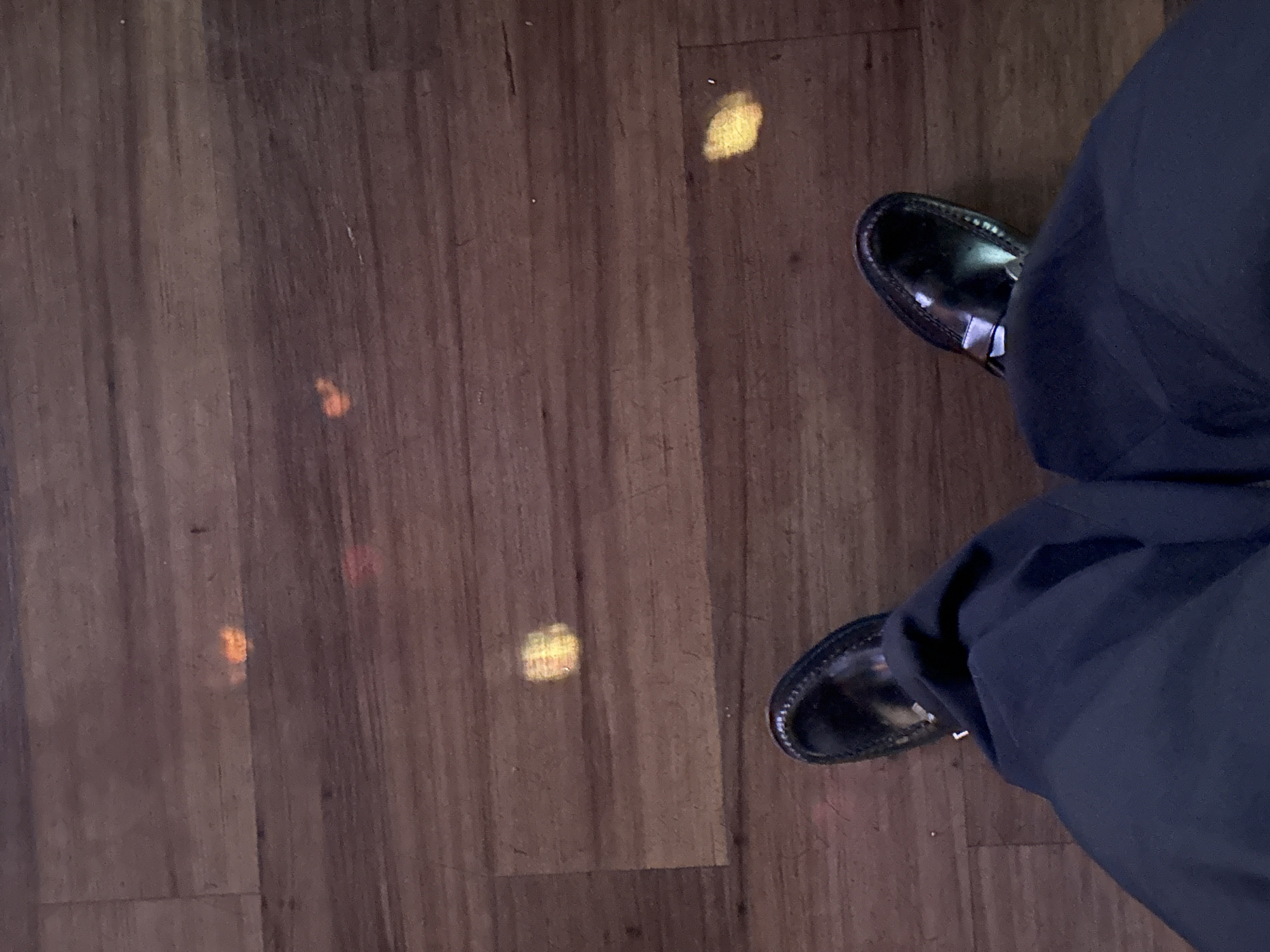 The image shows a top-down view of a person wearing black dress shoes and dark blue trousers standing on a wooden floor. The floorboards run lengthwise across the frame, and there are patches of light reflecting on the floor. No specific location in London, United Kingdom, can be determined from the image.