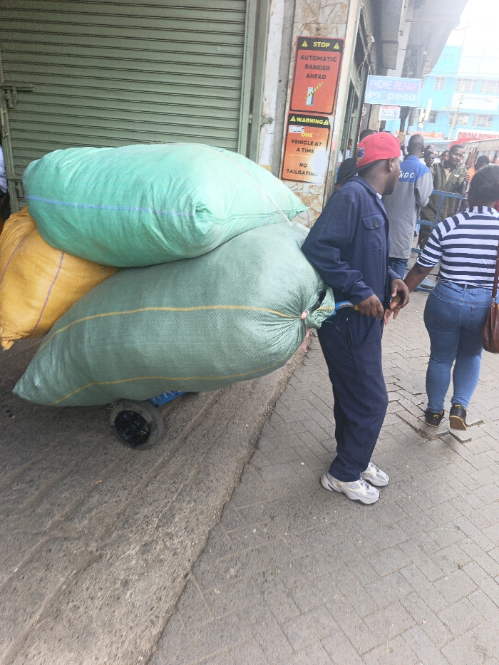The scene depicts an outdoor urban environment, specifically a commercial street in Nairobi, Kenya, marked by a visible "M-PESA" sign. In the foreground, an African male, wearing a red baseball cap backward, a dark blue work uniform, and white athletic shoes, is actively pushing a two-wheeled blue pushcart. The cart is heavily loaded with three large, bulging sacks: a bright green one positioned on top, a darker green one with yellow stripes underneath it, and a yellow-orange one partially visible to the lower left. The man is holding the cart with both hands, positioned to the right of the load.
To the immediate right of the male subject, a female pedestrian is visible from the waist down and the back of her head, wearing a black and white striped top, blue denim jeans, and dark shoes, with a brown shoulder bag slung over her left shoulder. She is walking away from the camera. Several other blurred individuals populate the background.
The ground beneath the cart is a dark grey, rough concrete surface, possibly a vehicle ramp, while the ground where the pedestrians walk is a sidewalk composed of light grey rectangular paving stones arranged in a herringbone pattern. Behind the cart is a closed, green metallic rolling shutter door. To its right, mounted on a tiled wall, are two orange warning signs: the top one reads "STOP A AUTOMATIC BARRIER AHEAD" with a barrier arm graphic, and the bottom one states "WARNING A ONE VEHICLE AT A TIME NO TAILGATING." Further right, a blue sign displays "PHONE REPAIR M-PESA" and partially visible "DROM POWER." The scene is illuminated by bright daylight.