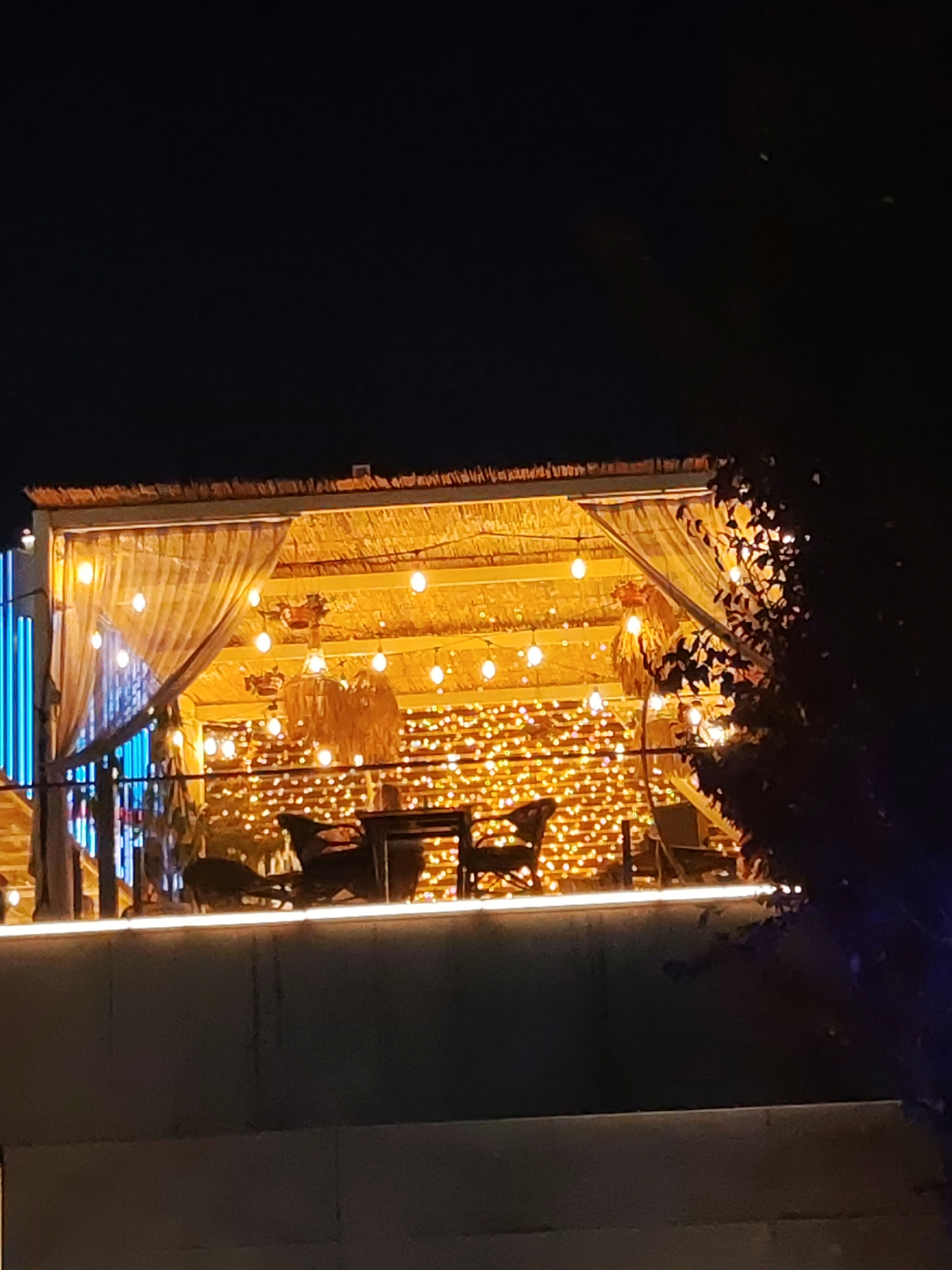 The image shows a rooftop restaurant or cafe at night, adorned with numerous string lights and decorative bulbs. The seating area is covered by a thatched roof and draped with sheer curtains. Furniture, including chairs and tables, is visible in the dimly lit space. A dark tree with illuminated leaves is seen on the right side of the frame. The restaurant appears to be situated on a raised level, with a dark facade below. The location is identified as Tashkent, Uzbekistan.