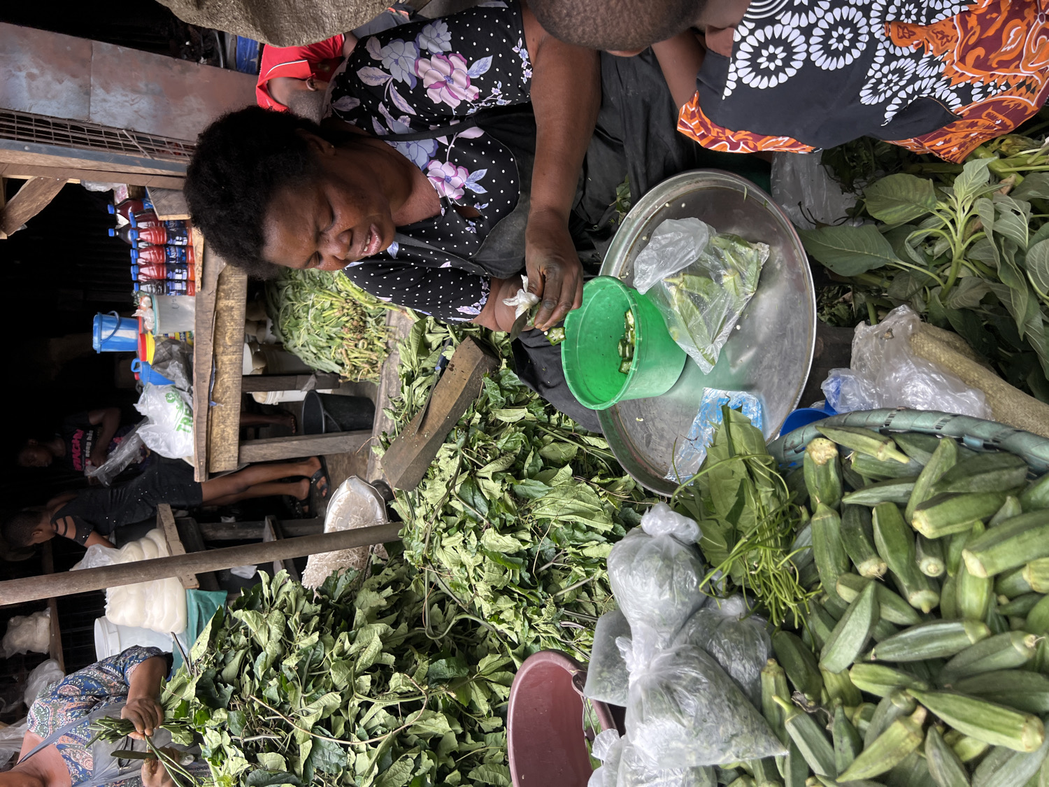 The image portrays a lively daytime market scene in Nkpor, Nigeria, bustling with vendors and an abundance of fresh produce.
At the center, a smiling, middle-aged woman with short, dark, curly hair is actively involved in selling vegetables. She wears a black top adorned with white and purple floral patterns and a dark skirt. Her hands are engaged in preparing or portioning leafy green vegetables, placing them into a small green plastic bucket. A large, circular metal tray is positioned before her, holding small clear plastic bags, some containing already chopped greens, suggesting they are ready for sale.
Surrounding the central vendor are large quantities of fresh produce. Piles of lush green leafy vegetables, likely local varieties such as bitter leaf or waterleaf, are spread across the ground and on low surfaces. To the right, a large basket overflows with fresh, green okra pods, with more okra visible next to it. Bundles of thin, long green stems, possibly another type of vegetable, are also neatly arranged. In the background, behind the main vendor, various bottled beverages, some with red liquid, are stacked on rustic wooden shelves, alongside a blue plastic bucket.
Several other individuals are partially visible within the busy market environment. In the upper right corner, a person wearing a black, white, and orange patterned garment can be seen. In the mid-left background, another person wearing a black top with partially legible text, possibly "Wong," is seated on a wooden platform, indicating the multi-level and dynamic nature of the market stalls. Another person is partially visible in the bottom left, also handling green produce. The market stalls are constructed from simple wooden planks and structures, characteristic of an open-air community market.
The scene is brightly lit, indicating it is daytime. The central woman's cheerful expression contributes to a perception of a friendly and active atmosphere. The visible text "Wong" appears on a person's shirt in the background. The overall setting and types of produce strongly reinforce the context of a local marketplace in Nigeria.