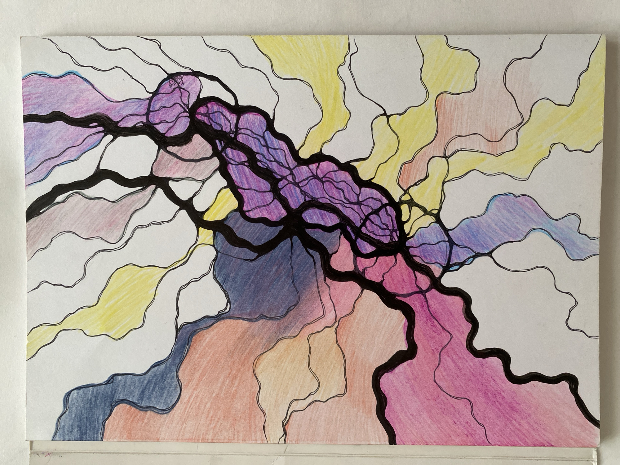 The image displays a piece of abstract art on a white background, possibly a page from a sketchbook. The artwork is characterized by thick, black, organic lines that form an interconnected network, resembling neurons or branching patterns. Within these defined spaces, areas are filled with colored pencils, creating a vibrant and textured effect. Colors include shades of purple, pink, orange, yellow, and blue. Some sections are left as uncolored white space, providing contrast. The overall impression is one of fluidity and complexity, with a central, elongated purple and black form dominating the composition. The artwork does not depict any specific location in a city.