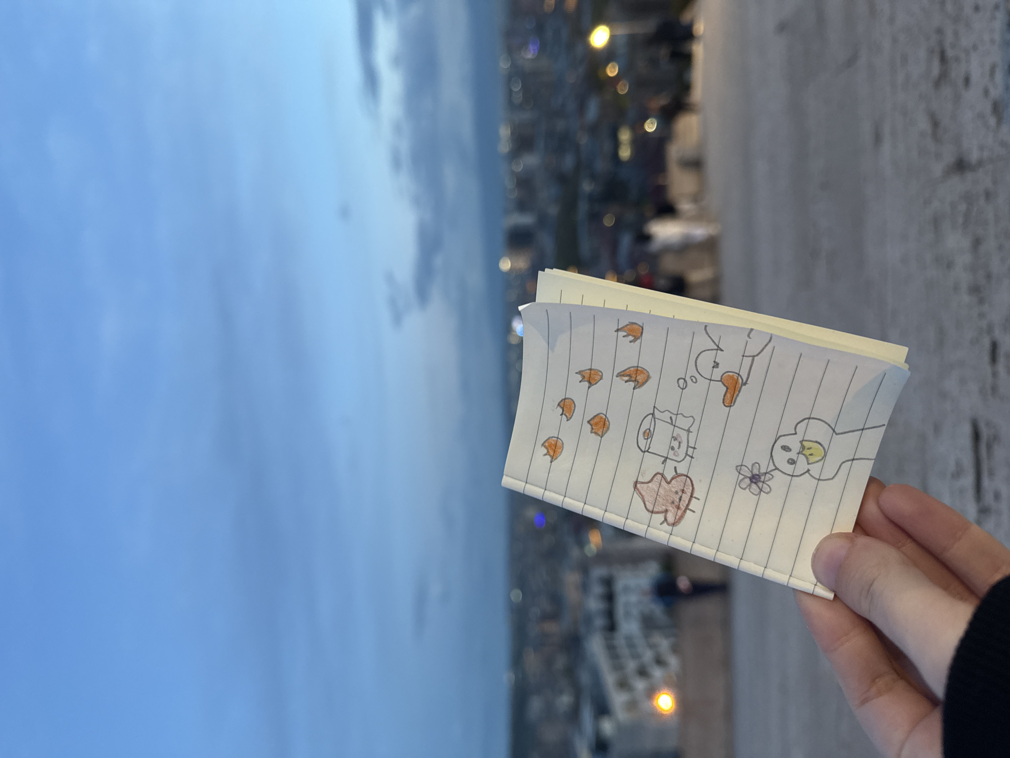 The image, rotated 90 degrees clockwise, shows a human hand holding a small, lined notepad against an urban evening backdrop. The hand, with a dark sleeve partially visible, positions the notepad centrally in the foreground.
The notepad displays a whimsical, colorful drawing. On the left side of the drawing are multiple small, orange, stylized shapes that resemble paw prints or footprints. In the middle, a plump, light brown, heart-shaped character with a simple face is depicted. Above it, a white, rectangular object with a smiling face, possibly a toilet paper roll or small box, is drawn. To the right, a cartoonish white duck-like figure with a yellow beak and feet holds a small, pink and yellow flower. The drawing uses colored pencils or crayons on the lined paper.
The background transitions from a soft blue-grey sky with faint cloud cover on the left to a blurred cityscape on the right. Numerous out-of-focus lights, characteristic of a city at night or dusk, suggest buildings and streets below. A textured, light-colored surface, possibly a wall or railing, is partially visible on the far right. The scene conveys a peaceful, reflective moment, likely overlooking the city of Yerevan, Armenia, during twilight or early evening.