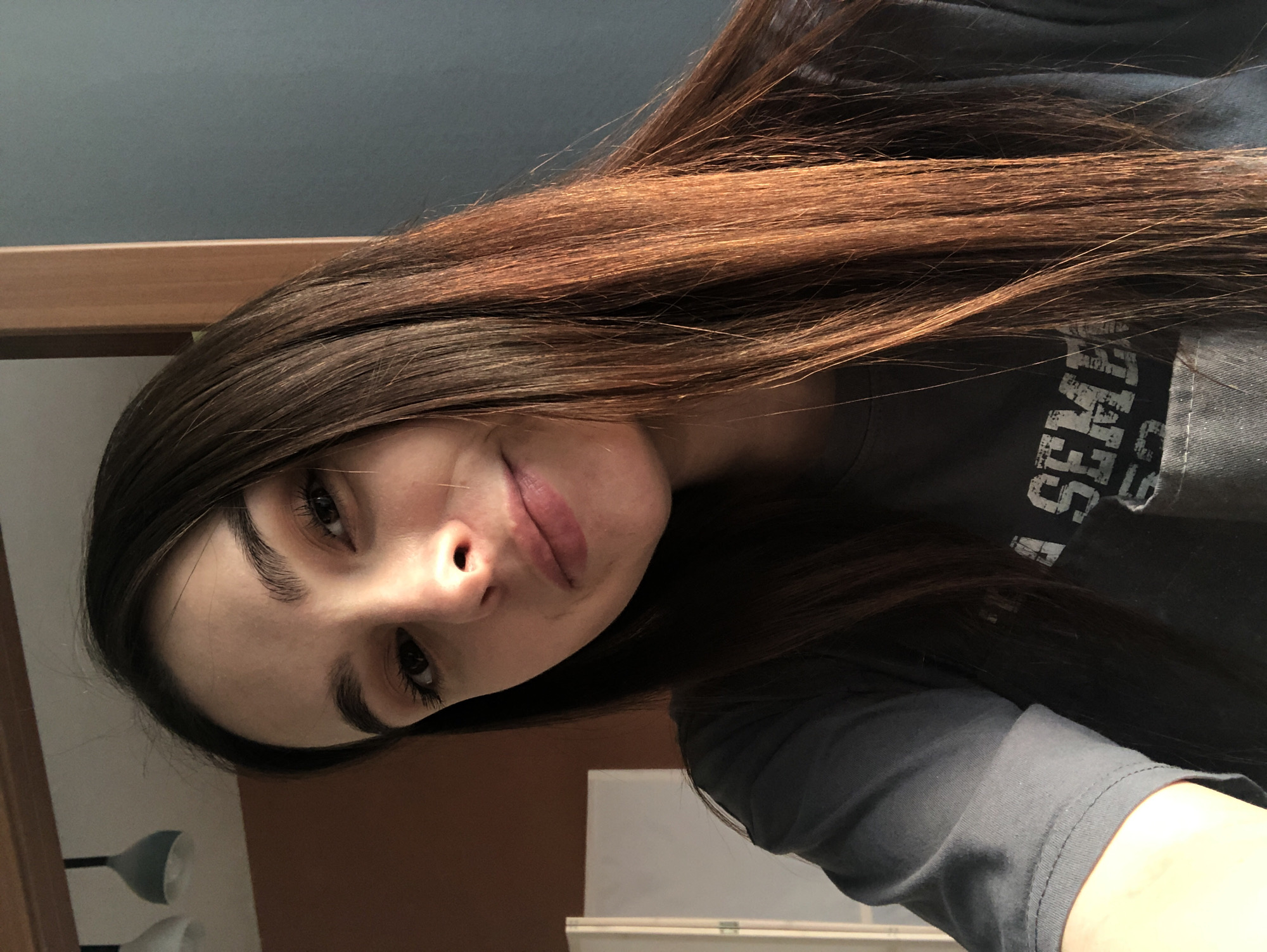 A young woman is pictured in a close-up, slightly tilted selfie. She has long, straight, dark brown hair with subtle highlights, and her face is fair-skinned with dark eyebrows and eyelashes. She has a small smile. She is wearing a gray t-shirt, the front of which displays part of a white graphic. The background consists of a two-toned wall with a light brown wooden trim, a light-colored object in the background, and a lamp. There is no information to indicate the specific location in Chaikovsky, Russia.