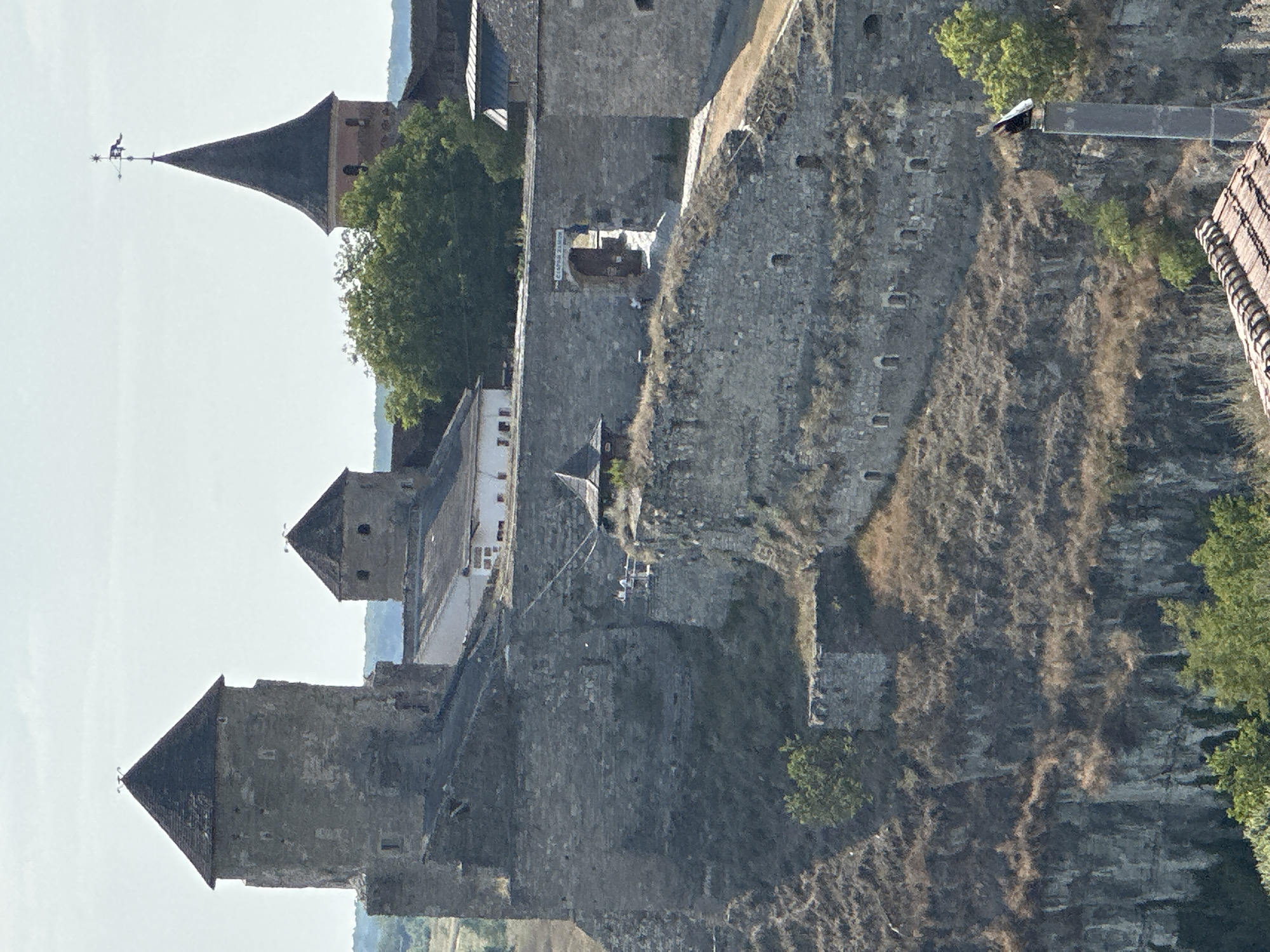 This is a long-shot, vertical, eye-level, outdoor, daytime, medium-detailed, full-color photograph of the Kamianets-Podilskyi Castle, located in Kamianets-Podilskyi, Ukraine. The castle is built on a steep cliff face with rocky, dry terrain. Several towers and ramparts of the castle are visible. The main structure is made of grey stone. One tall, conical tower is visible on the left, and another on the right with a weather vane. There are smaller buildings with white walls and dark roofs nestled within the castle walls. A stone archway entrance is visible, with a sign above it reading "Старый Замок". There are several small, dark openings or windows in the stone walls. A few trees are present on the slopes of the cliff and within the castle grounds. In the foreground, a modern tiled roof of a building is visible. A dark-colored bird, possibly a raptor, is perched on a tall, narrow, grey pole or chimney to the right of the frame. A few people are visible on a walkway along the ramparts, appearing to be tourists. The sky is mostly overcast.