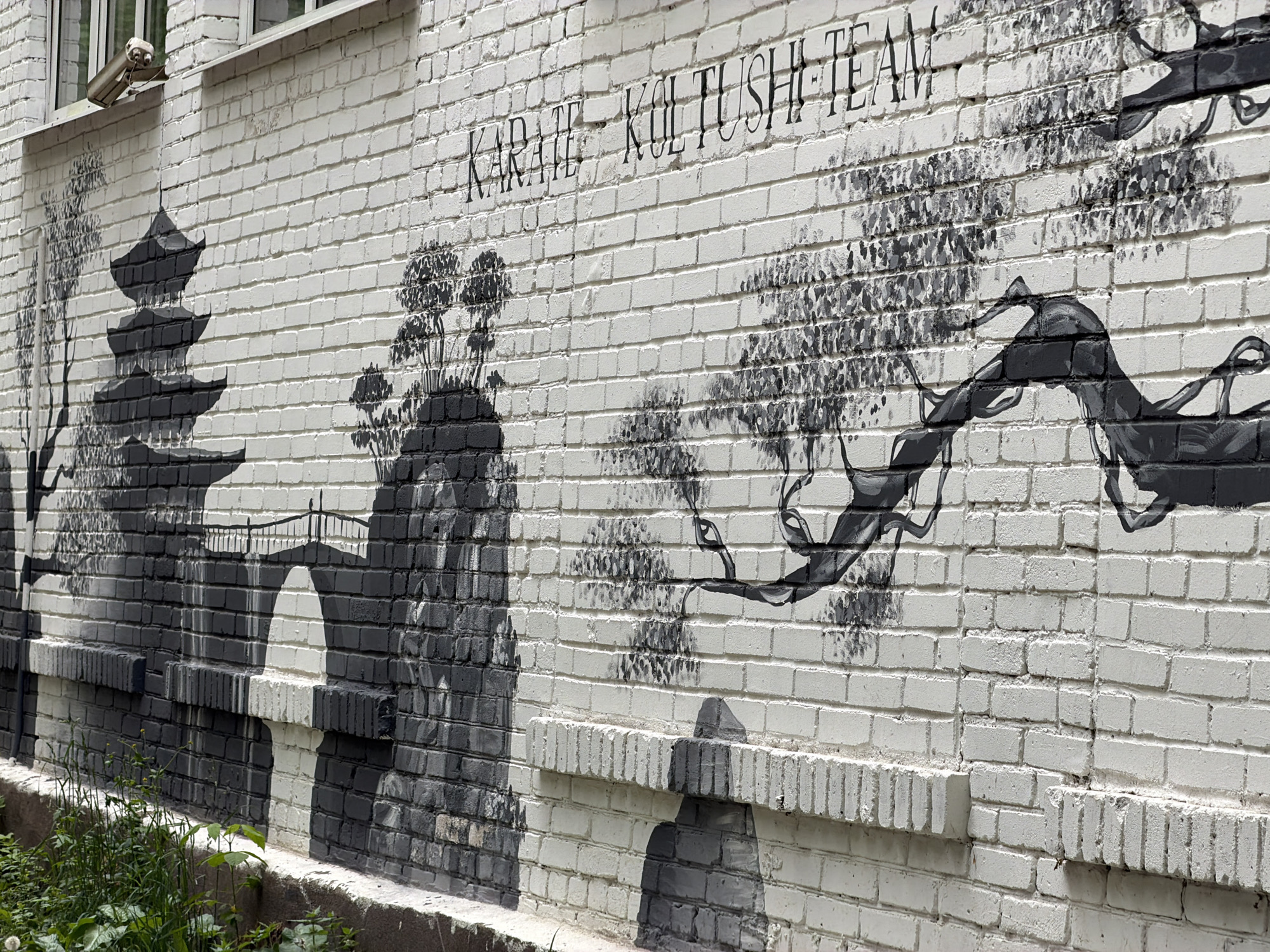 An outdoor mural in black and grey tones adorns a white brick wall in Tokkari, Russia. The mural depicts a Japanese-inspired landscape, featuring a multi-tiered pagoda on the left, an arched bridge, and various stylized trees with dense foliage. A dynamic, swirling ribbon-like element, possibly representing a dragon or abstract energy, dominates the right side of the composition. The artwork is painted directly onto the brick surface, allowing the texture of the bricks to show through.
Above the central part of the mural, large, stylized black letters spell out "KARATE KOLTUSHI TEAM," suggesting an association with a martial arts group or club. At the very top of the wall, near a window, a white security camera is mounted, observing the scene. Green grass and weeds grow along the base of the wall, which features a protruding brick course. The lighting suggests it is daytime. The overall impression is one of cultural homage and local identity, presented through a striking monochrome aesthetic.