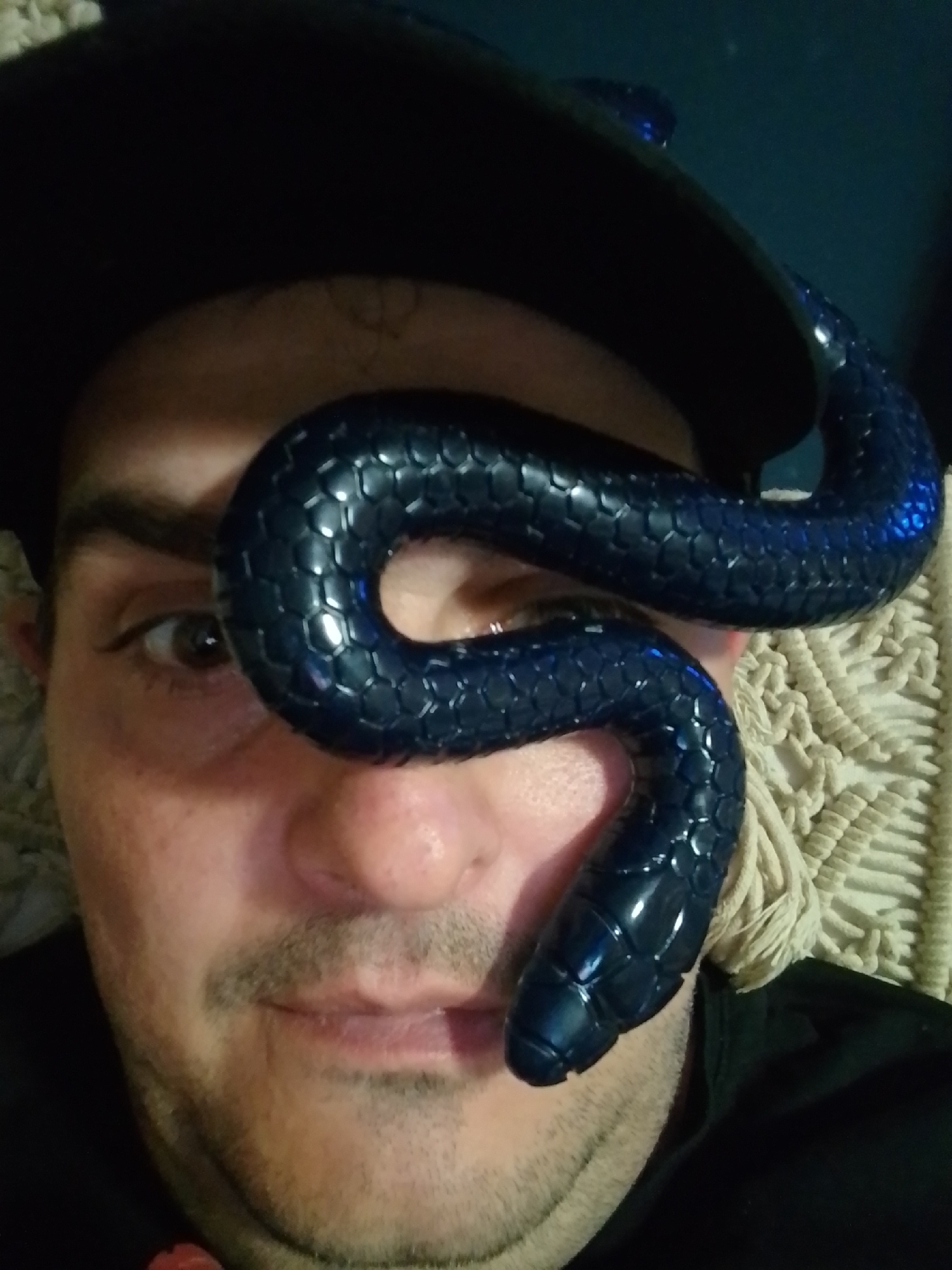 The image is a close-up, selfie-style photograph taken indoors. The subject, a person with light skin, is wearing a black baseball cap. A dark blue, segmented object resembling a toy snake is draped across the person's face, specifically over their right eye and extending towards their forehead. The snake has a glossy finish and appears to be made of plastic. The person's facial features, including their eye, nose, and mouth area, are partially visible. The background is indistinct, but a textured surface, possibly upholstery or fabric, is visible to the right of the person. There is no information available to suggest the location is in Wedel, Germany.