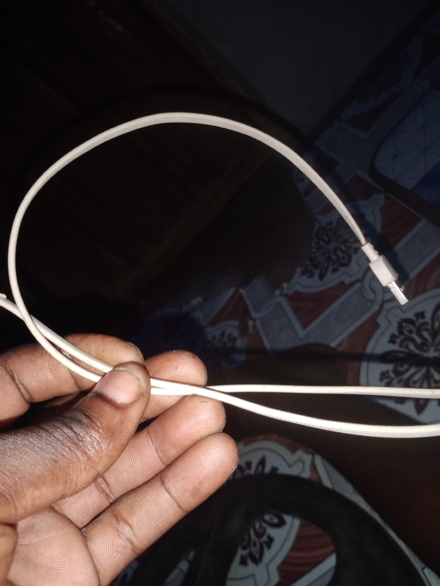 In Jalingo, Nigeria, a close-up shot shows a pair of hands holding a white charging cable. The cable is bent into a loop, with one end connected to a white adapter. The hands are dark-skinned and appear to be an adult's. The background is dark and out of focus, but hints of a patterned surface are visible. The lighting is dim, creating shadows and highlighting the texture of the hands and the cable.