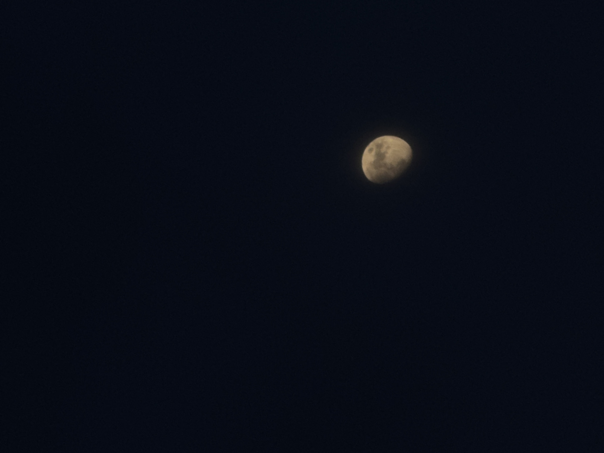 The image displays a close-up view of the Moon against a dark, featureless night sky. The Moon is the sole subject, appearing in a gibbous phase, meaning more than half of its surface is illuminated but it is not yet full. Its surface shows visible craters and varied textures, indicative of its natural geological features. The Moon has a soft, yellowish-white glow against the deep navy-blue to black backdrop of space. The overall scene suggests a clear, cloudless night. No other celestial bodies or atmospheric phenomena are visible. There is no discernible activity taking place other than the static presence of the Moon. No text is visible in the image. The time of day is clearly nighttime. While the location context is Chaikovsky, Russia, there are no specific visual cues within the image itself to confirm this geographical location.