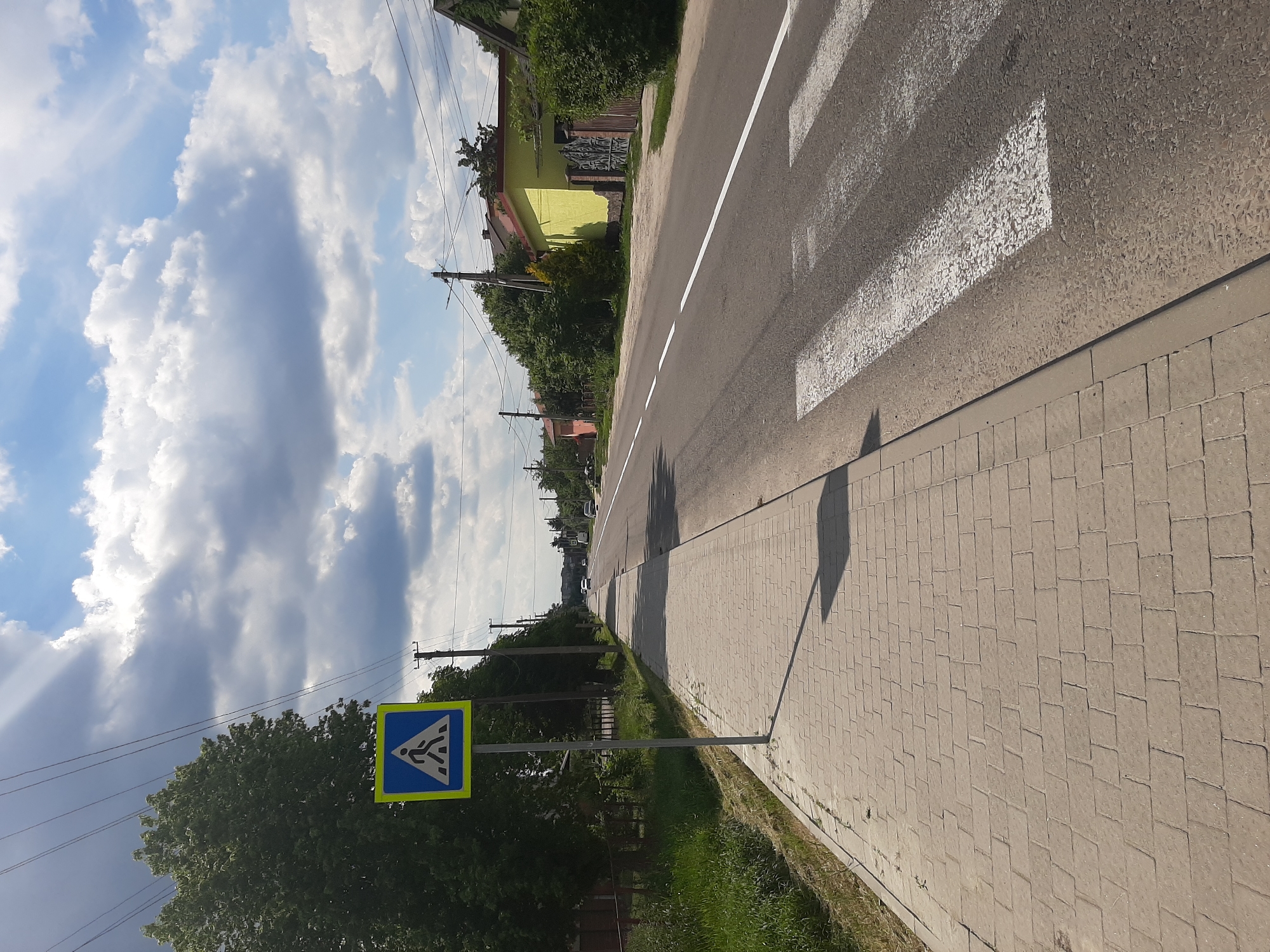 A pedestrian crossing sign is visible on a sidewalk in Lviv, Ukraine. The sign is a blue square with a white border, depicting a white silhouette of a person walking across a street. It is mounted on a gray pole. The sidewalk is made of light-colored rectangular pavers. Adjacent to the sidewalk is a grassy area and trees. A paved road with white lane markings runs alongside the sidewalk, with a marked pedestrian crossing. The road is lined with houses and trees, and utility poles with overhead wires are present. The sky is partly cloudy with a mix of blue sky and white and gray clouds. In the distance, a few cars are visible on the road.