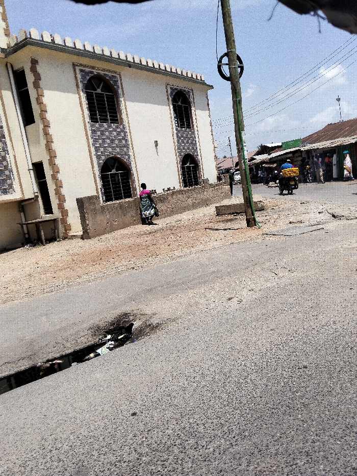 This image depicts a street scene in Mkomani ward, Kenya, under clear daytime conditions.
In the foreground, a paved road surface shows wear and contains a significant linear defect or pothole, approximately 0.5 meters in length, filled with visible debris including light-colored plastic material.
To the left, a multi-story building with a light-colored exterior features several arched windows fitted with dark grilles, framed by decorative, textured brickwork. The building's roofline is adorned with a crenellated parapet. A low concrete wall delineates the building's property from an unpaved, dusty shoulder running parallel to the road. A person, dressed in a pink top and a green and black patterned lower garment, walks away from the camera along this dirt shoulder.
In the mid-ground, slightly right of center, a tall wooden utility pole stands upright, supporting multiple overhead electrical wires and featuring a dark circular object affixed near its top.
Further in the background, to the right, a row of single-story structures with corrugated metal roofs lines what appears to be another street or alley, indicative of a commercial area. A person on a motorcycle, wearing a blue shirt, is visible on this background street, transporting a large yellow bundle on the vehicle's rear. Other indistinct figures are present in the background. The sky above is light blue with sparse white clouds.