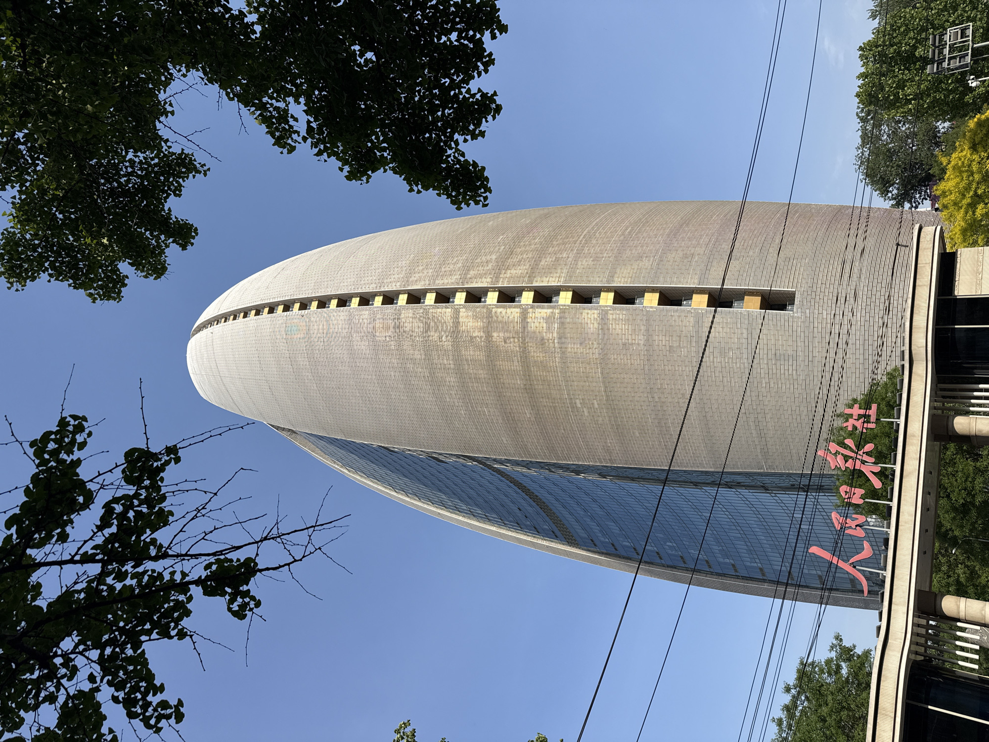 The image shows a tall, unusual building in Chaoyang District, China, viewed from a low angle. The building has a distinctive oval shape, with a textured grey exterior and a row of windows near the top. Part of the building reflects the blue sky and possibly surrounding buildings. There are power lines visible against the sky. Foliage from trees is visible in the foreground, framing the building on both sides. Red signage is visible near the base of the building.