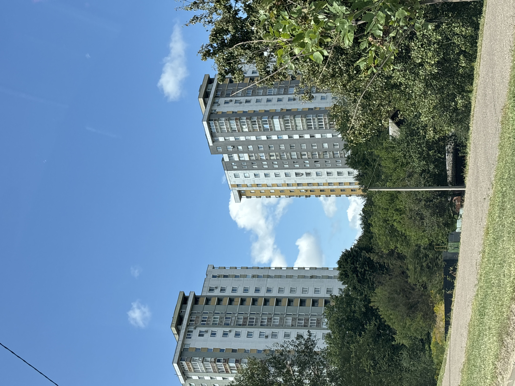 This is a daytime, eye-level, medium shot of two identical Soviet-era high-rise apartment buildings in the city of Minsk, Belarus. The buildings are situated behind a dense line of mature green trees, with a gravel path in the foreground. The sky is a vibrant blue with scattered white cumulus clouds. The building on the left is mostly visible, while the building on the right is partially obscured by trees and foliage. Both buildings are tall, rectangular structures with multiple floors, characterized by their repetitive window patterns and light-colored facades, with accents of yellow and gray. The surrounding environment suggests a residential area with ample greenery. No people are visible in the frame.