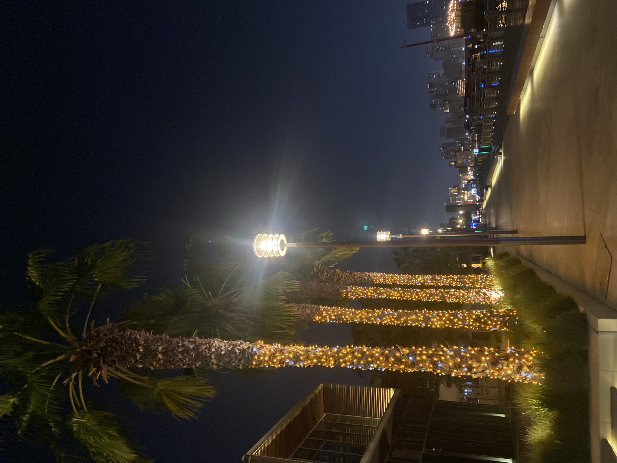 The image depicts a waterfront promenade at night in Deira, United Arab Emirates. Several palm trees are adorned with strings of warm yellow and some blue lights, illuminating their trunks. A modern building with a wooden facade and large glass windows is visible on the left side of the frame, with ambient lighting highlighting its features. The promenade itself is paved and lit by street lamps and embedded ground lights, casting a warm glow on the path. In the distance, a cityscape with numerous buildings and lights stretches across the horizon, suggesting a bustling urban environment. The calm water of a body of water, possibly a creek or harbor, is visible to the right, reflecting the city lights. The sky is dark and clear, indicating nighttime. No people are prominently featured in the foreground or midground, but figures are subtly discernible in the distance along the promenade and near the water. The overall scene conveys a festive and tranquil nighttime atmosphere.