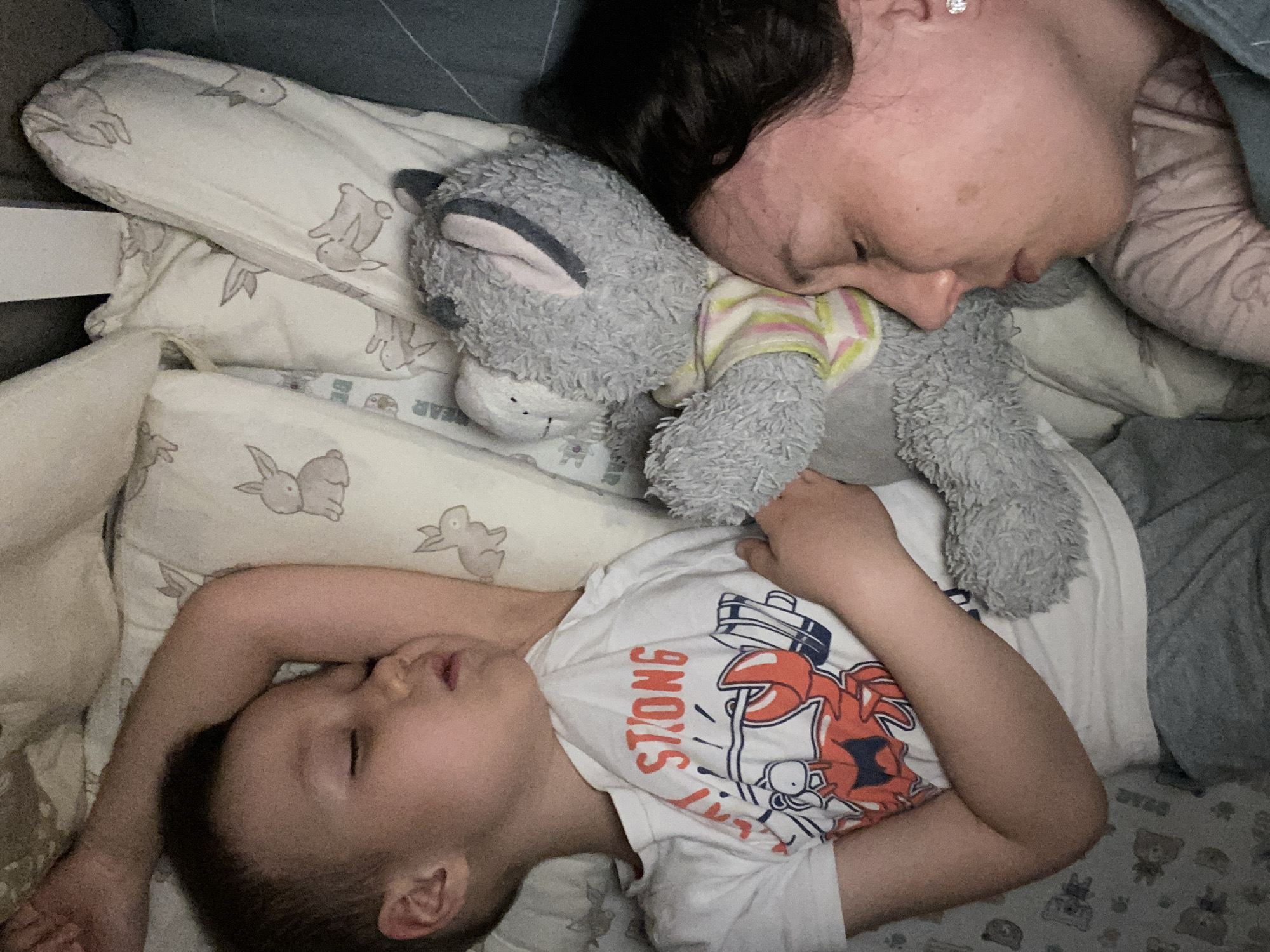 An overhead shot captures an adult woman and a young child, likely a mother and her son, sleeping peacefully side-by-side in a bed, possibly in Chaikovsky, Russia. The woman, with dark hair, is lying on her right side with her head resting near a gray stuffed animal. She wears a light-colored top with a subtle pattern on the sleeve, and a small earring is visible in her ear. The child, a young boy with dark hair, is asleep on his back with his eyes closed. He wears a white t-shirt featuring a colorful graphic design of what appears to be a red and blue crab or lobster, with the word "STRONG" printed vertically on the side of the shirt.
A gray, fluffy stuffed animal, resembling a raccoon or similar creature and wearing a striped shirt, lies between the two, positioned under the woman's head/neck area and near the child's arm. They are surrounded by soft, light-colored bedding. Some pillows display a pattern of light gray bunnies. A white side rail, consistent with a crib or co-sleeper, is visible along the left edge of the frame, near the child. The bedding at the bottom right corner shows partially visible text, including "BEAR." The scene conveys a quiet and peaceful moment of rest indoors.