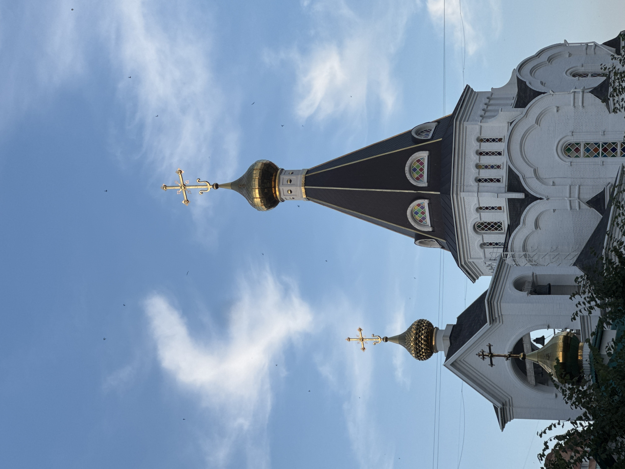 A white brick church with multiple gold-domed roofs and crosses stands against a blue sky with scattered white clouds and several birds flying. The church has a tall, dark-colored central dome with arched stained-glass windows and a smaller gold dome to the left. Power lines are visible in the upper portion of the image. Green foliage is present at the bottom of the frame.