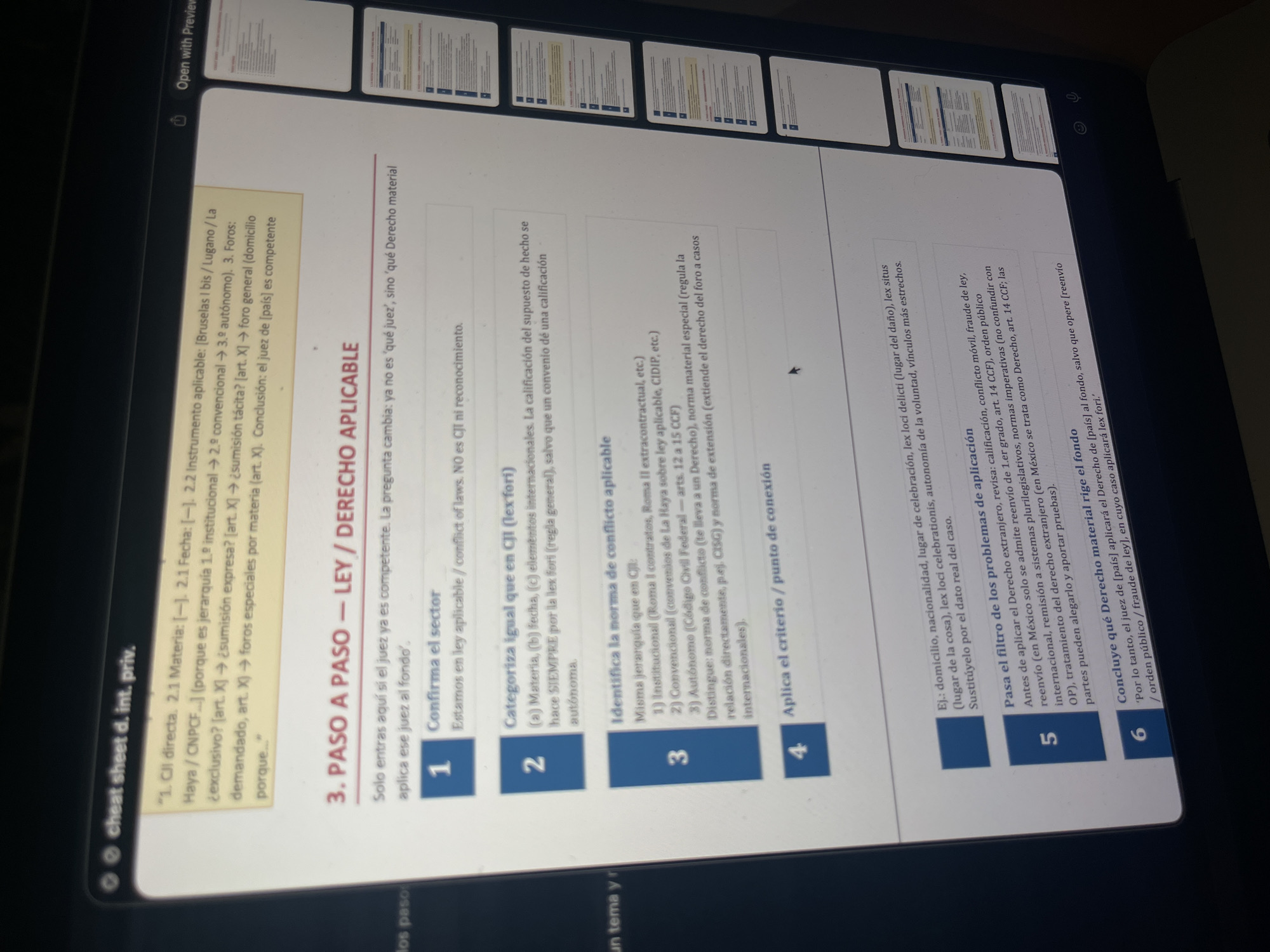 The image shows a close-up view of an iPad screen displaying a document related to private international law. The document appears to be a study guide or cheat sheet outlining the steps to determine the applicable law in a legal case. The text is in Spanish and includes topics such as conflict of laws, applicable instruments, and the hierarchy of legal norms. The image is well-lit, and the text is mostly clear, allowing for easy reading of the document's contents. The presence of other tabs at the top of the screen suggests that the user is likely reviewing several documents or resources related to the topic.