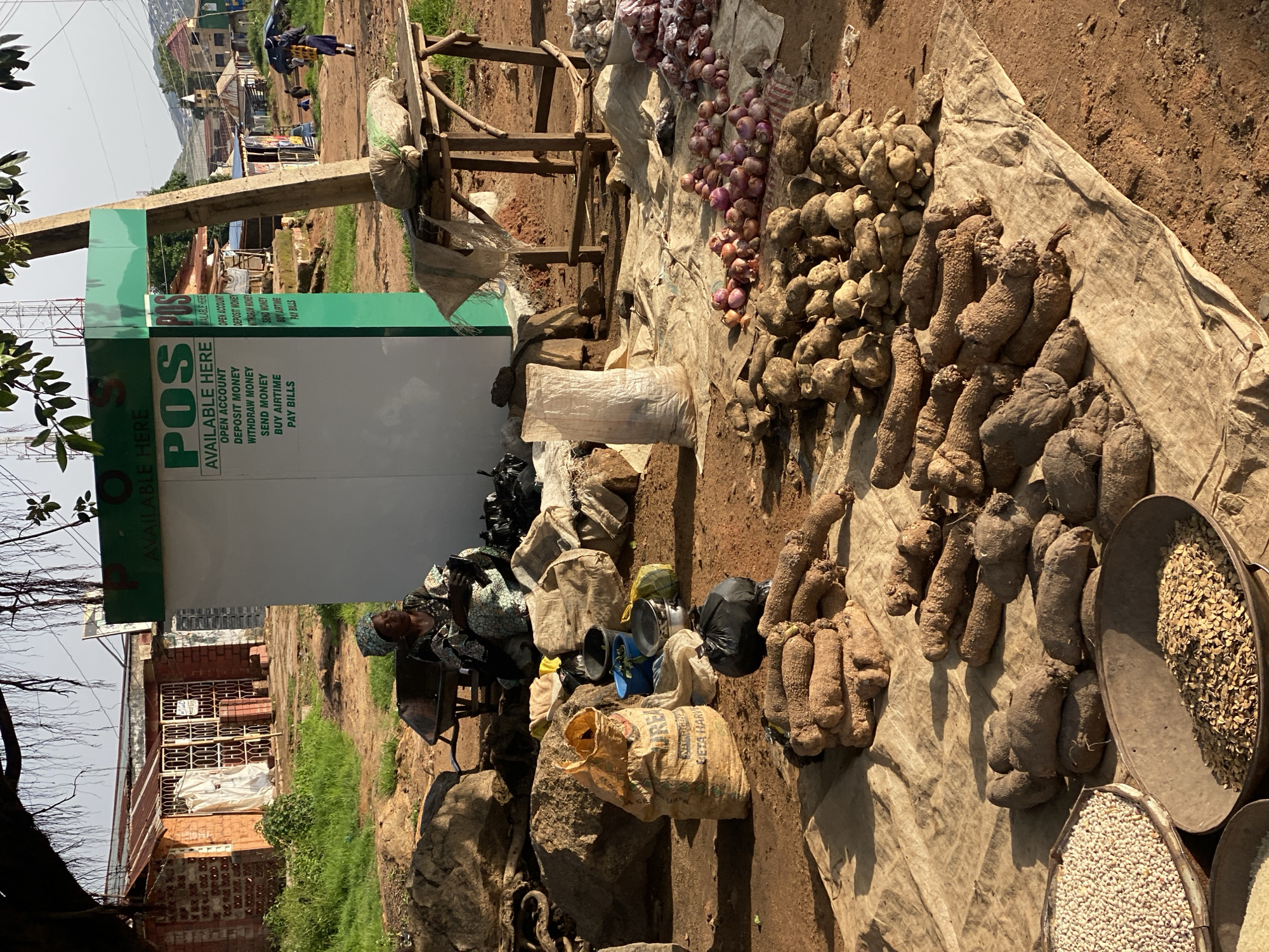 This image depicts an outdoor market scene in Jos, Nigeria, with a central focus on a green and white POS (Point of Sale) kiosk. The kiosk displays services such as "OPEN ACCOUNT," "DEPOSIT MONEY," "WITHDRAW MONEY," "SEND MONEY," "BUY AIRTIME," and "PAY BILLS." To the left of the kiosk, a woman dressed in a patterned headwrap and traditional clothing sits on a wheeled cart, appearing to be engaged with her mobile phone.
In the foreground, various goods are laid out on a light-colored tarp. These include piles of root vegetables, likely yams, and containers of grains or seeds. To the right of the root vegetables, several piles of onions are visible on a separate tarp. In the background, beyond the market stalls, residential buildings with corrugated iron roofs can be seen, along with some vegetation and a dirt road. A few people are sparsely scattered in the background, one carrying a backpack. The overall environment suggests a lively, bustling marketplace under a bright sky, with a slightly dusty ground.