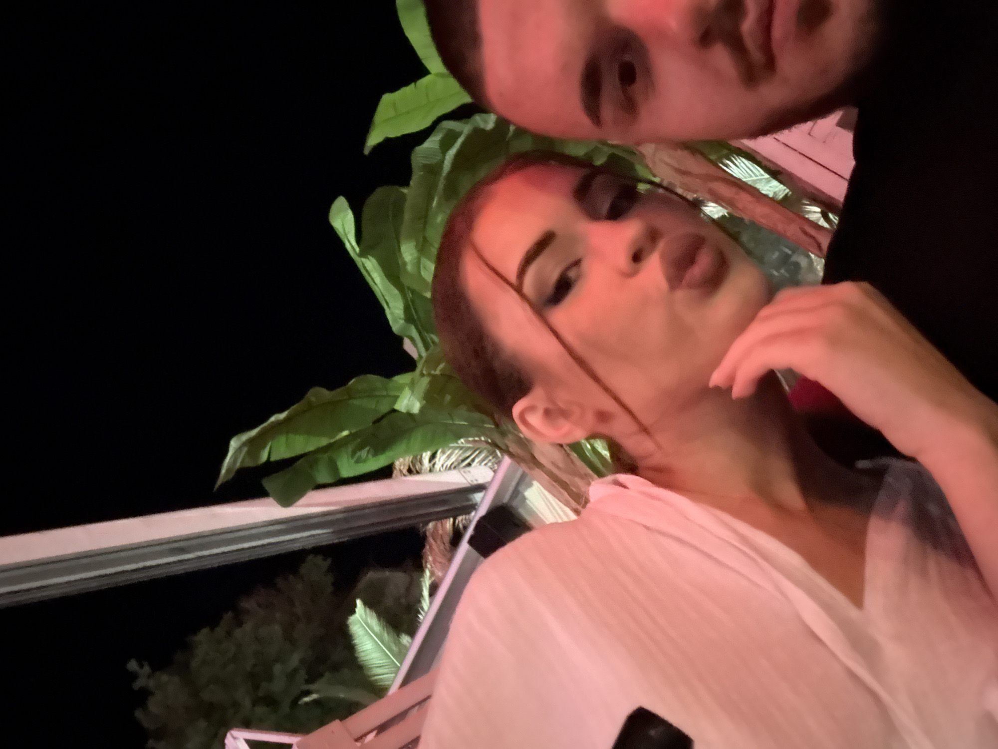 This upward-angled close-up image depicts two individuals, likely a couple, in an outdoor setting at night. A man's face, mostly his forehead, eyes, and nose, is visible in the upper right quadrant. He has dark, short hair and appears to be looking towards the camera or the woman. The woman is more prominently featured in the center and lower left, making a playful "kiss" face with pursed lips. Her left hand is gently positioned near her chin. She is wearing a light-colored, possibly white or light pink, collared top.
The background is dark, indicating nighttime, with the subjects illuminated by a warm, artificial light source that casts a reddish or pinkish hue on their skin and clothing. Lush, large green foliage, resembling banana or palm leaves, is visible behind and between the individuals, suggesting a verdant outdoor environment such as a garden, restaurant terrace, or balcony. Below the foliage, a structure with horizontal beams or railings can be seen, reinforcing the impression of an elevated outdoor space.
The overall mood of the image is affectionate and lighthearted, captured in a selfie-style shot. The presence of such foliage, coupled with the outdoor nighttime setting, suggests a warm climate, consistent with an evening out in Plovdiv, Bulgaria, perhaps at a restaurant or bar with an inviting ambiance. There is no visible text within the image.