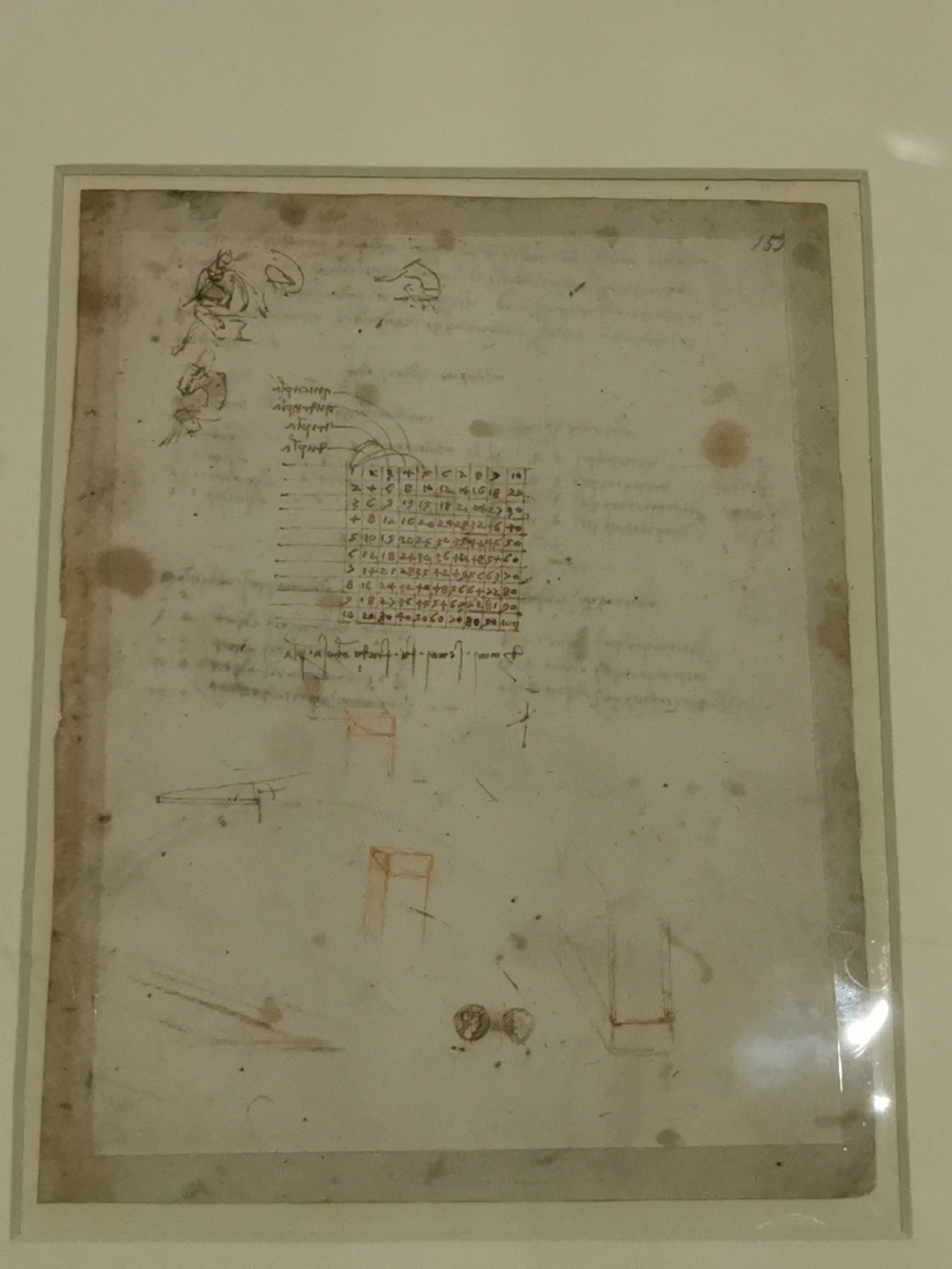 This media file displays an aged, framed page from a historical manuscript, likely a notebook or codex, presented under protective glass. The parchment or paper has discolored to a warm, brownish-beige tone with visible stains and foxing, indicating its age.
**Subjects and Activity:** The page is a compilation of various studies and notes, suggesting the work of an artist, inventor, or scholar. In the top left corner, there are several quick sketches of human figures in different poses, some appearing draped, and one possibly an equestrian study or a horse's head. Below these, there are rudimentary geometric drawings, including what looks like a plan or perspective view of a box, a ladder-like structure, and other linear arrangements. In the bottom center, two small, circular, coin-like objects are depicted. The overall activity depicted is intellectual exploration and visual ideation.
**Notable Details:** The document's condition highlights its antiquity. The sketches are loose and exploratory, indicative of preliminary work rather than finished art. The page is marked with a handwritten page number "153" in the top right corner.
**Visible Text:** A prominent feature is a meticulously drawn grid or table in the central-left area. This table contains columns labeled with letters (e.g., K, C, A, D, B, E, F) and numbers. The rows beneath list multiplication equations, such as "2x4=8," "3x6=18," "4x8=32," "5x10=50," up to "10x20=200." These calculations are accompanied by other numerical entries and possibly annotations. Elsewhere on the page, there are several lines of cursive script, difficult to fully decipher from the image, but appearing to be notes or labels associated with the sketches. The script seems to be in a historical European language, possibly Italian, given the general context of such manuscripts.
