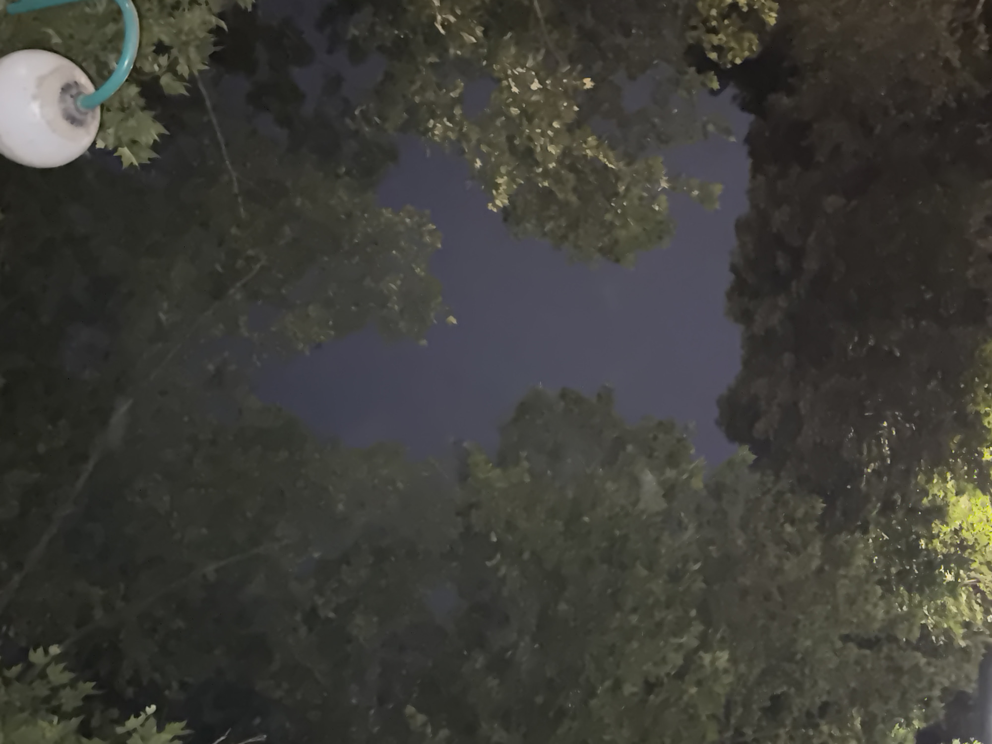 The image depicts a view looking upwards through the branches of trees at night. The sky is dark and appears to be overcast or nighttime. In the upper right corner, a portion of a white, globe-shaped light fixture is visible, with a green hose or cable extending from it. The trees are lush and leafy, obscuring a large portion of the sky. The lighting suggests artificial illumination from the fixture, casting a slight glow on some of the leaves. The scene appears to be an outdoor urban environment, possibly a park or a residential area in Plovdiv, Bulgaria, where such lighting fixtures are common. There are no people or animals visible in the image.