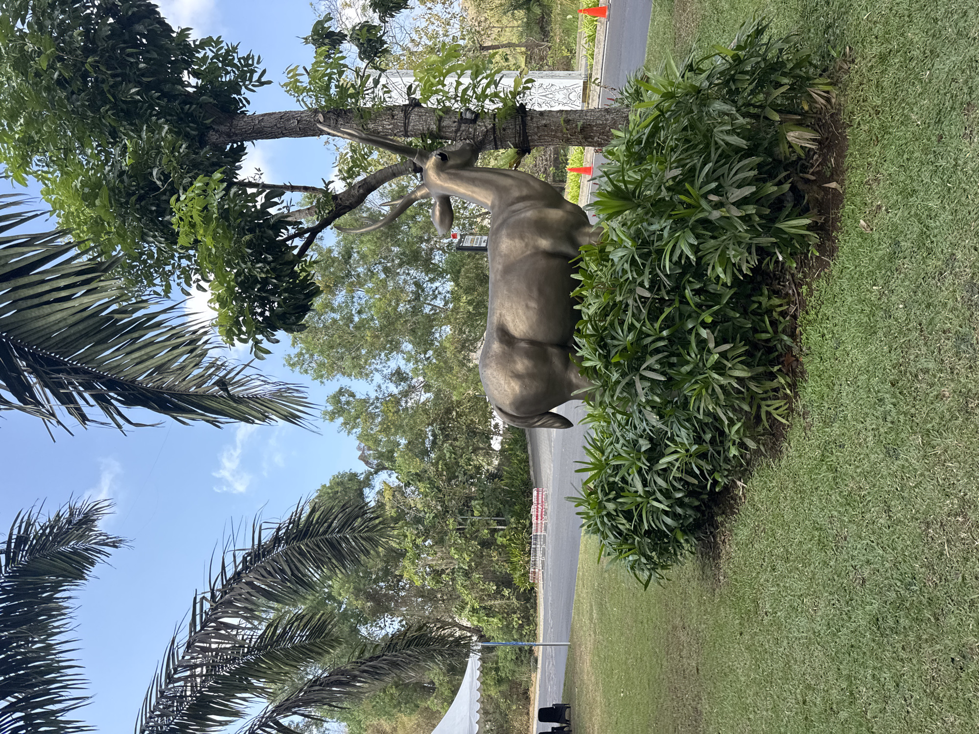 An outdoor scene captured in the city of Kuta Selatan, Indonesia, features a bronze statue of a deer standing beside a tree. The deer statue is positioned in front of a dense green hedge and a patch of well-maintained grass. Behind the statue and hedge, a paved road is visible, with a white barrier adorned with red and white stripes running across it. Further in the background, lush green trees and vegetation create a dense forest-like environment under a clear blue sky with scattered white clouds. A portion of a white tent structure and two dark chairs are visible on the left side of the image, suggesting an event or gathering area. The overall scene depicts an outdoor decorative element within a naturalistic setting, likely a park or resort in Kuta Selatan.