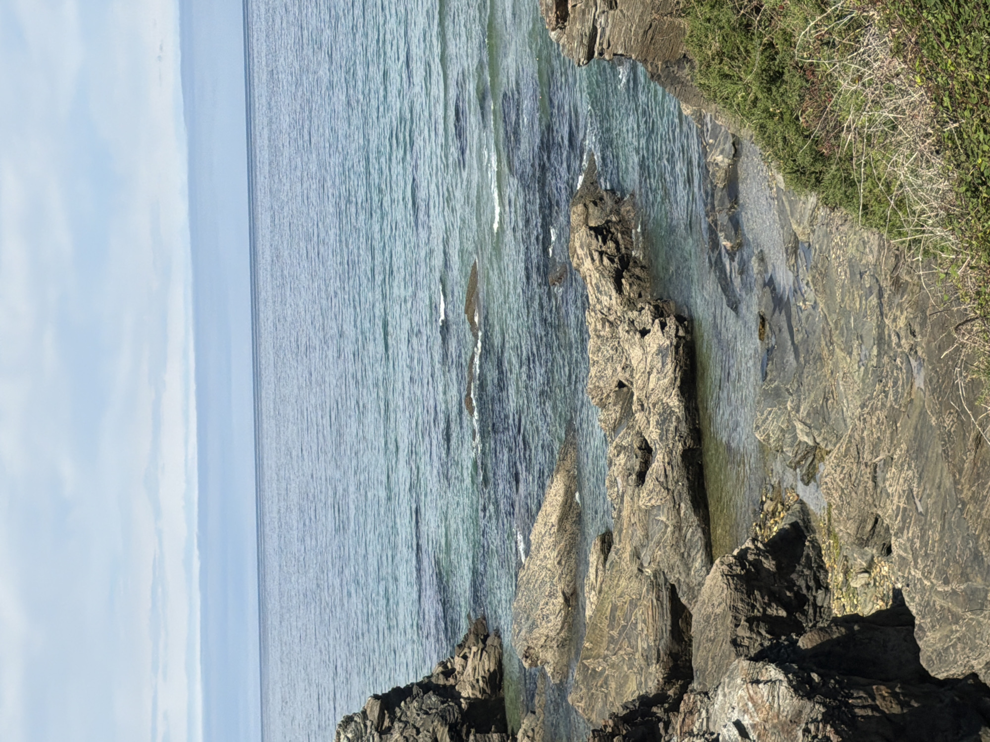 The image depicts a rocky coastline along the Cantabrian Sea in Ribadeo, Spain. The foreground is dominated by a rugged, layered rock formation leading down to the water. These rocks are varied in color, ranging from dark grey to lighter brown and yellow hues, with some appearing mossy or wet. Small tide pools are visible among the rocks, filled with clear water and small pebbles.
Beyond the rocky shore, the sea stretches out, exhibiting a gradient of colors from deep blue to turquoise and green where it is shallower and clearer. Small waves are breaking gently against the submerged rocks. In the distance, the horizon is marked by a faint line where the sea meets the sky. The sky itself is partly cloudy, with soft white clouds scattered across a pale blue expanse. A sliver of greenery, likely coastal vegetation, is visible at the lower right edge of the frame. No people or animals are present in the scene.