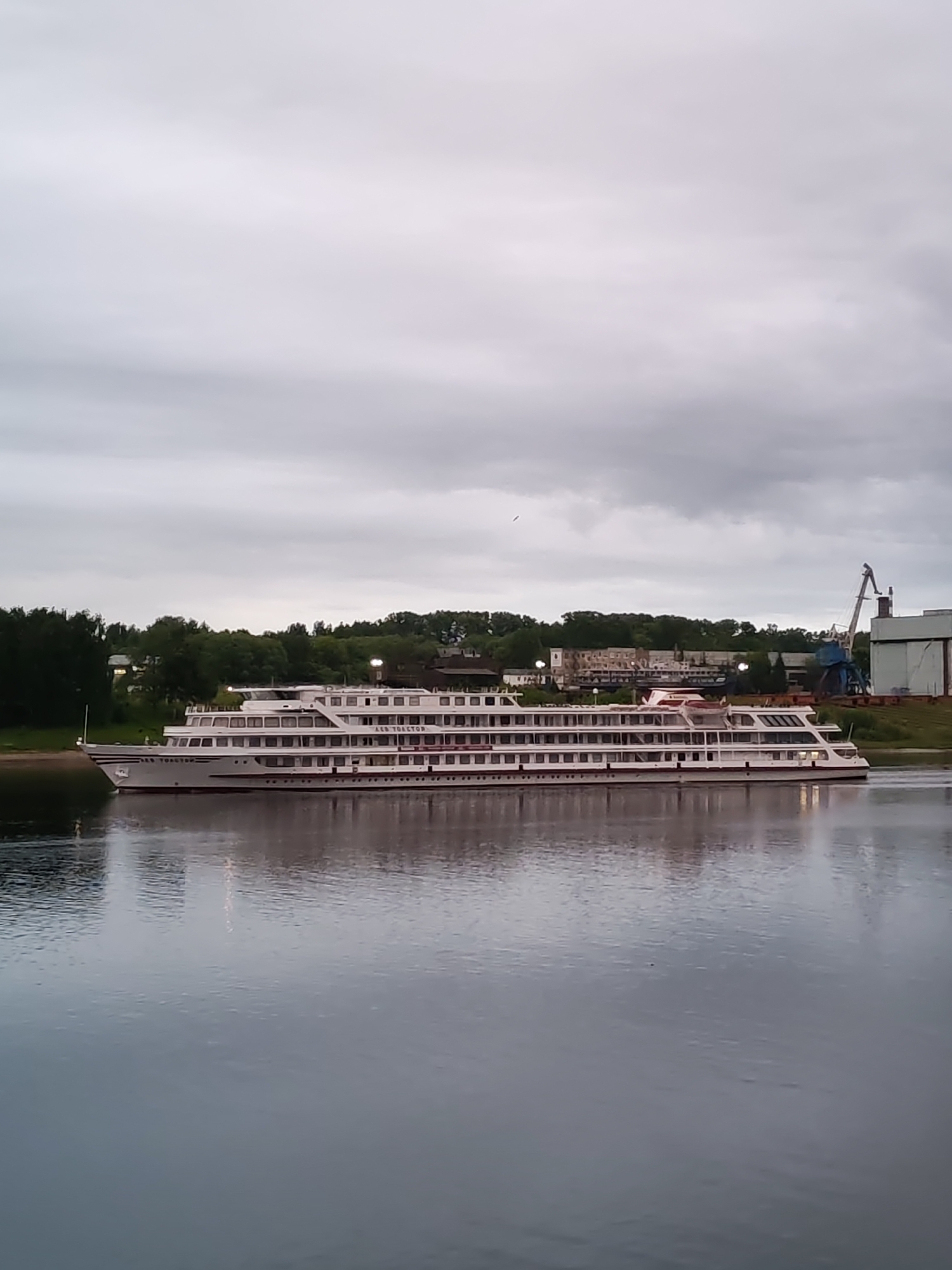 A long, white cruise ship navigates calm waters, reflected in the dark surface. The ship features multiple decks and rows of windows. Trees and buildings line the shore in the background, with a crane and industrial structures visible on the right side. Overcast skies fill the upper portion of the frame. The scene is located in Bol'shie Mkhi, Russia.