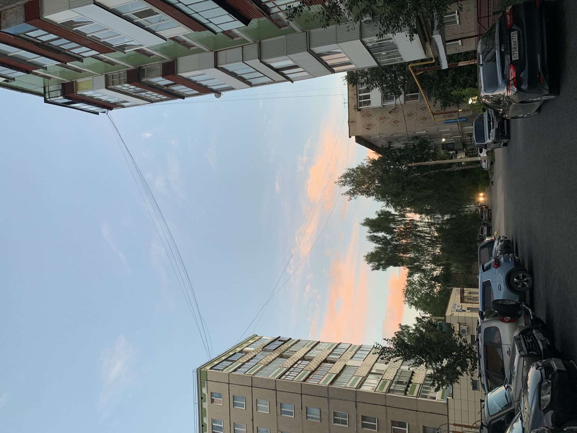 A low-angle shot captures a residential street in Asha, Russia, under a pale blue sky with streaks of pink and orange clouds indicating dusk. Two multi-story apartment buildings dominate the scene: one on the left is gray with green accents, and another on the right is green with red and white details. Power lines are strung between them, crisscrossing the sky. The street is lined with parked cars, including a dark sedan in the foreground with its taillights illuminated. Trees with dense foliage are interspersed between the buildings and along the street. A small, dark animal, possibly a cat, is visible near the road. One building in the background has a diamond pattern on its facade. The scene appears to be a typical urban residential area.