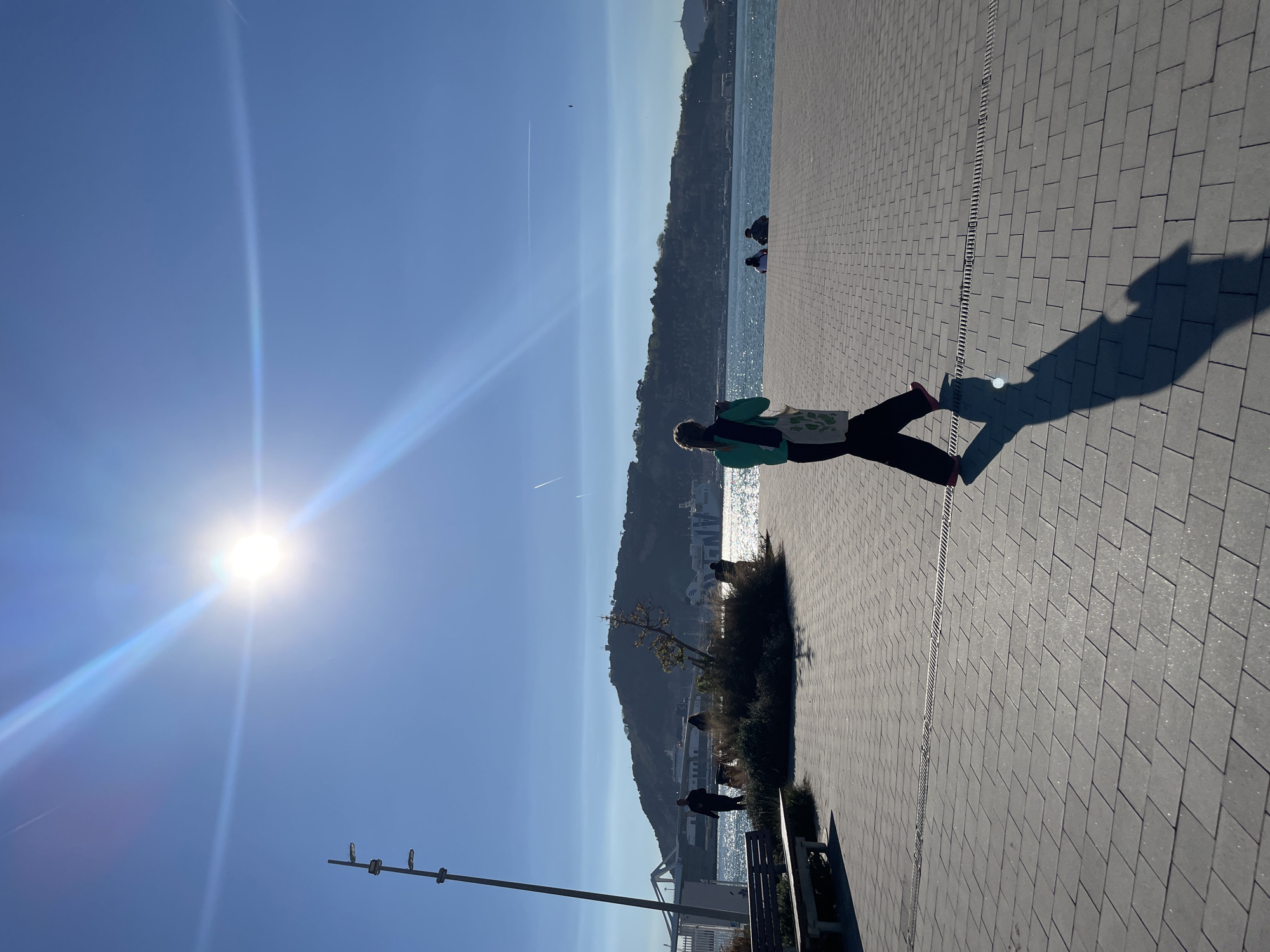 A bright, sun-drenched outdoor scene captures a wide promenade beside a shimmering body of water, likely the sea, with a hilly coastline in the background. The image is oriented vertically, with the sun low in the sky to the left, causing a significant lens flare and long shadows.
In the foreground and mid-ground, a person wearing a green jacket or top, dark pants, and red shoes is walking away from the camera along the grey paved promenade. They carry a light-colored tote bag with an indistinct dark design on its side. Their elongated shadow stretches out ahead of them on the patterned rectangular paving stones. A drainage channel runs parallel to the water's edge on the promenade.
Beyond the main subject, several other individuals are visible in the distance along the promenade and near the water's edge, some partially obscured by sparse bushes and a small tree. A dark bench is also visible behind some vegetation. The water glistens intensely from the sun's reflection, creating bright patches. Across the water, a verdant hillside or mountain range rises, dotted with buildings.
The sky is a clear, brilliant blue, with a faint white contrail of an aircraft visible high above. The strong, low sun indicates either early morning or late afternoon, and the overall atmosphere is one of clear, pleasant weather. The setting suggests a coastal city, consistent with Barcelona, Spain, offering views of the sea and surrounding topography. No legible text is visible in the image.