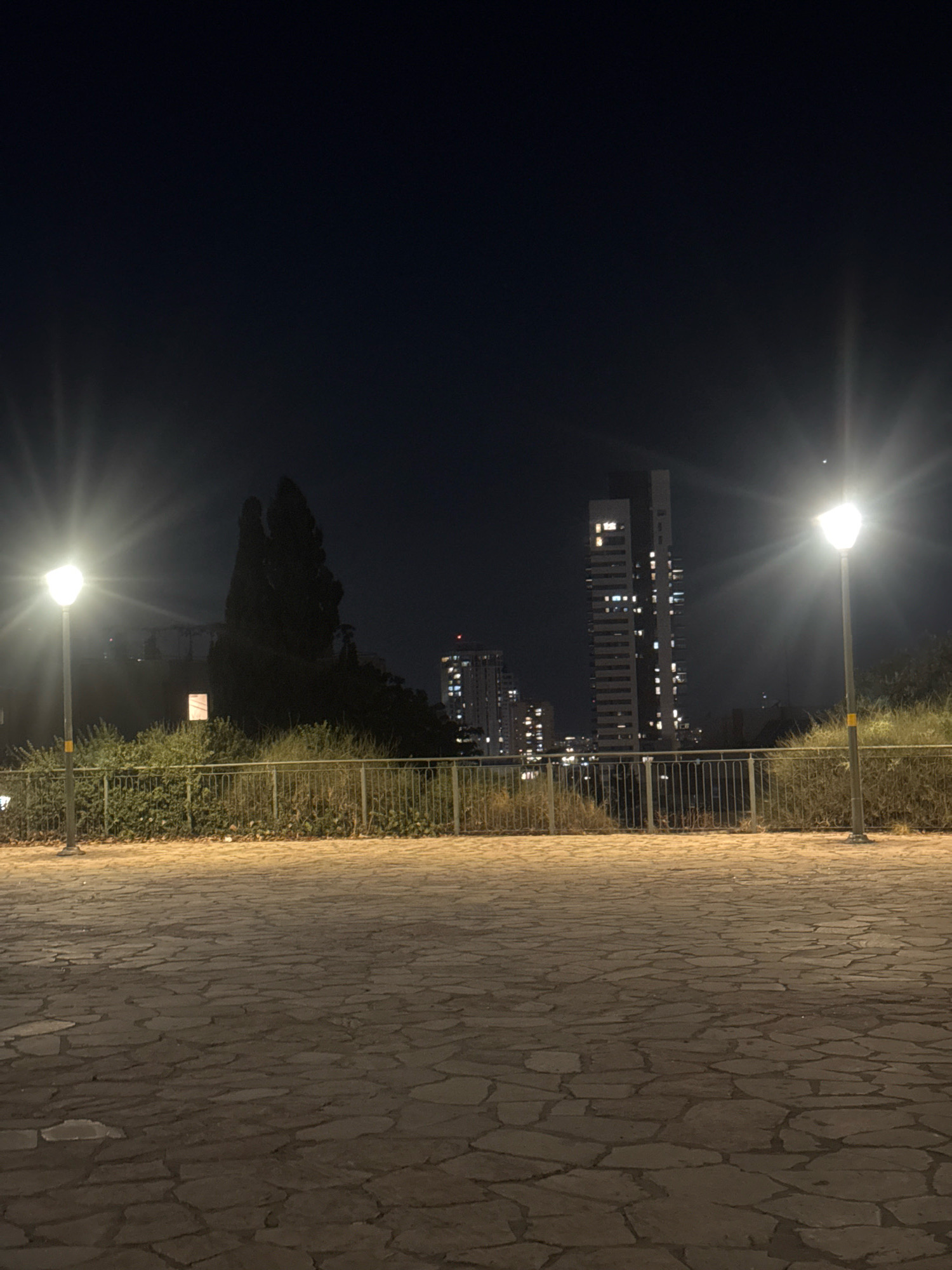 An outdoor, ground-level, wide shot of a paved walkway at night in Ramat Gan, Israel. The walkway is composed of irregular, flat, light-colored stones. A low, metal fence runs horizontally across the mid-ground, separating the walkway from a dense line of green shrubbery. Beyond the shrubbery, a large, dark, irregularly shaped tree silhouette stands on the left, with a tall, modern skyscraper illuminated with many windows in the background, slightly to the right of center. Another, shorter building with illuminated windows is visible further to the right. Two streetlights are present; one is on the left side of the frame, a tall, slender pole with a single, glowing white light that emits a bright lens flare. The second streetlight is on the right side of the frame, similar in design but partially obscured by the shrubbery and emitting a less intense glow. The sky is a deep, dark blue.