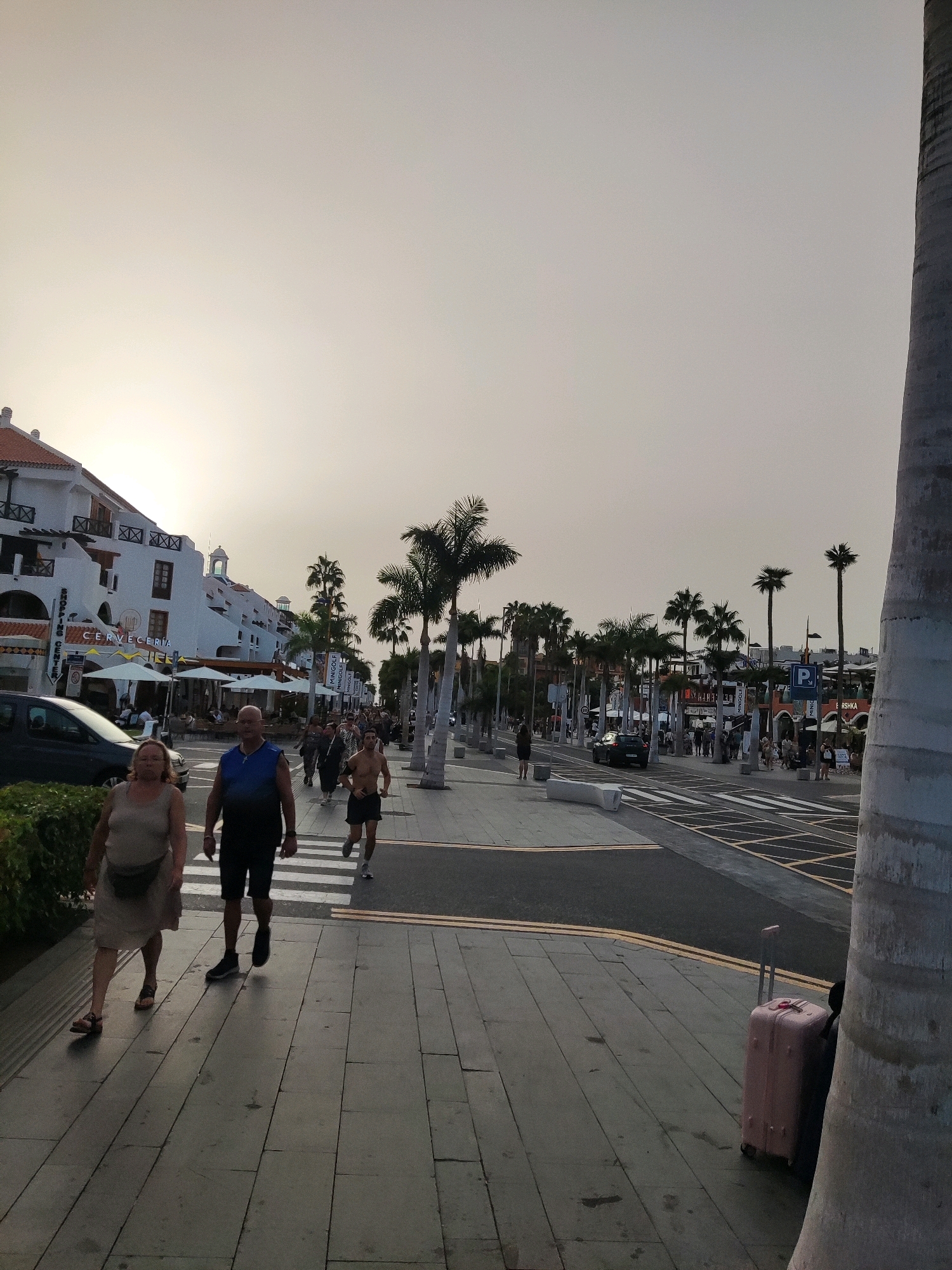 In the city of Arona, Spain, a sidewalk lined with palm trees runs alongside a street. The sky is overcast and bright. Several people are walking on the sidewalk. A couple is walking towards the camera, the woman in a light-colored dress and the man in a blue tank top and dark shorts. Behind them, a man is running in dark shorts. A pink suitcase rests on the sidewalk near a large tree trunk on the right side of the frame. Buildings with white facades and red roofs are visible on the left side of the street, with awnings and umbrellas suggesting outdoor dining areas. Cars are parked on the street, and a crosswalk is marked with yellow lines. Further down the street, more palm trees and buildings can be seen, along with signs for "Minigolf" and a parking symbol.