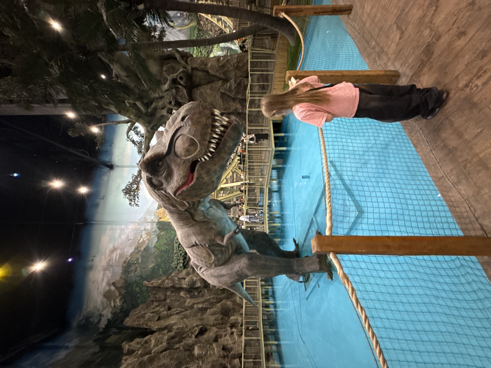 An indoor scene, likely a dinosaur-themed entertainment park or exhibit in Moscow, Russia, features a large, detailed dinosaur model and a visitor on a suspended walkway. The central subject is a young person, possibly a girl, with long light-colored hair, wearing a pink t-shirt and dark pants. She stands on a wooden plank walkway with ropes and railings, facing away from the camera, looking towards the exhibit.
To her left, a substantial, realistic model of a grey-brown Tyrannosaurus Rex stands with its mouth wide open, showcasing sharp white teeth and a red tongue. This dinosaur model is positioned on artificial rock formations and surrounded by synthetic palm trees and other foliage, creating a prehistoric jungle atmosphere.
Beneath the wooden walkway, a wide blue safety net is stretched taut, suggesting a significant drop or a simulated body of water below. In the background, a vast painted mural depicts a mountainous landscape under a light blue and white sky, further enhancing the immersive environment. Bright spotlights are visible high above, illuminating the indoor space, and other indistinct visitors can be seen further along the pathway or within the exhibit. The overall setting is dark in the upper regions, contrasting with the illuminated features of the attraction. No discernible text is visible in the image.