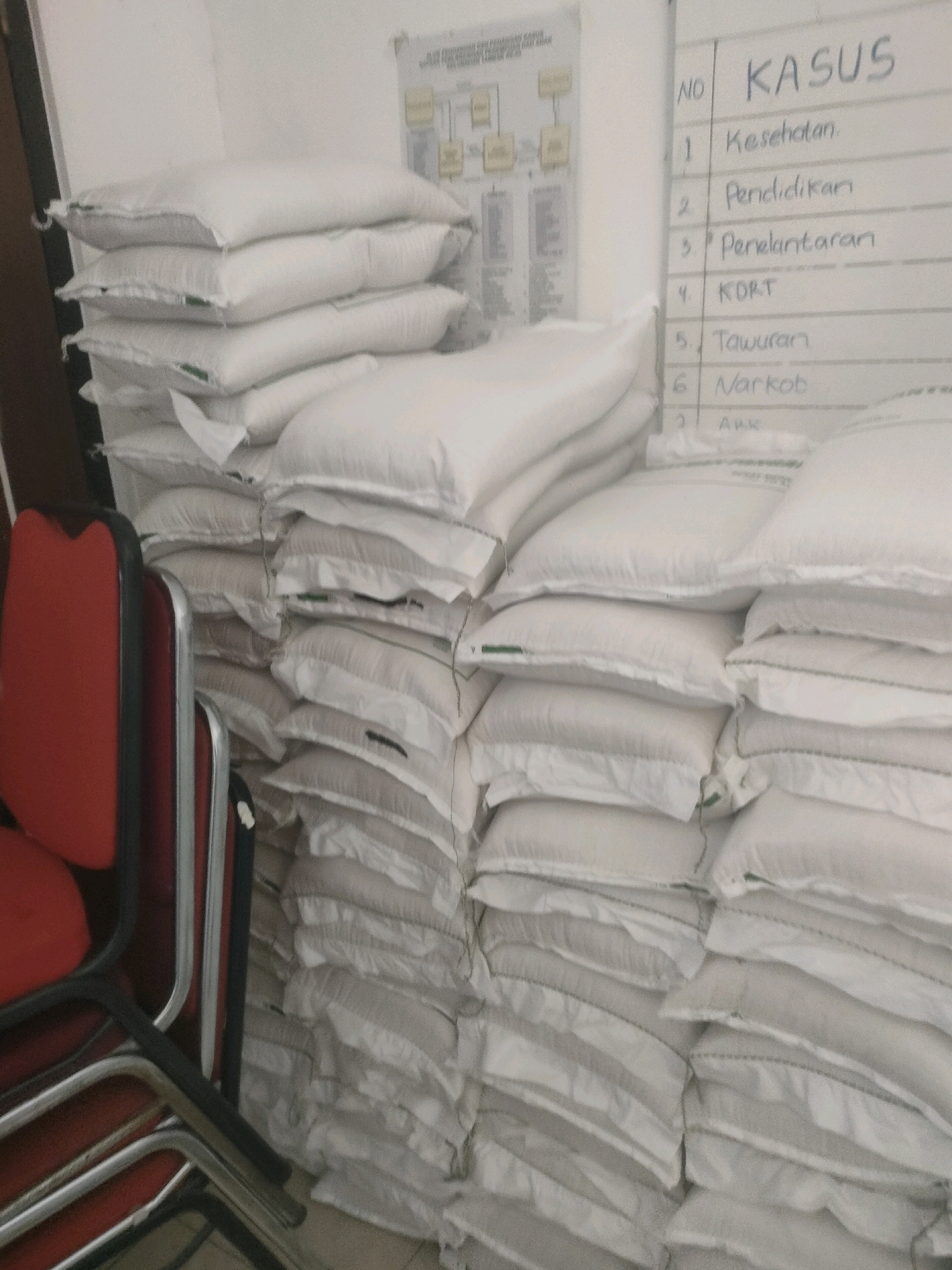 The image shows a room with stacks of white sacks, likely containing rice or similar goods, filling most of the frame. The sacks are arranged in tall columns. To the left, a stack of red and black chairs is partially visible. In the background, on a white wall, a chart or diagram is mounted, and to its right, a whiteboard displays a list of numbered "KASUS" (cases) with handwritten Indonesian text including "Kesehatan" (Health), "Pendidikan" (Education), "Penelantaran" (Neglect), "KDRT" (Domestic Violence), "Tawuran" (Brawling), and "Narkoba" (Narcotics). The lighting appears to be artificial, suggesting an indoor setting, possibly a storage area or office in Surabaya, Indonesia, given the Indonesian language on the whiteboard. There are no individuals present in the image.