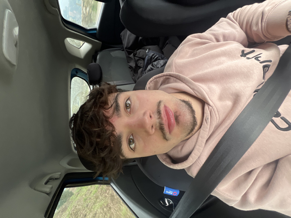 A male individual is depicted in a medium close-up, seated as a front passenger inside a vehicle, looking directly at the camera. He is wearing a light pink hooded sweatshirt and a black seatbelt is buckled across his chest and lap. He possesses curly brown hair, a short mustache, and a chin beard. A subtle reddish mark is present on his forehead above his left eye. The vehicle's interior components visible include the headliner, a grab handle above the passenger window, and portions of the rear seating area where dark fabric items or bags are stored. A blue object with a partially visible "SPARCO" logo is affixed to the door panel to the individual's left. The exterior environment, observed through the vehicle's windows, displays blurred green vegetation on a hillside and what appears to be a stone wall or terraced landscape, indicative of a natural or rural setting. The specific location within Santa Marta de Penaguião, Portugal, cannot be determined from the visual evidence provided.
