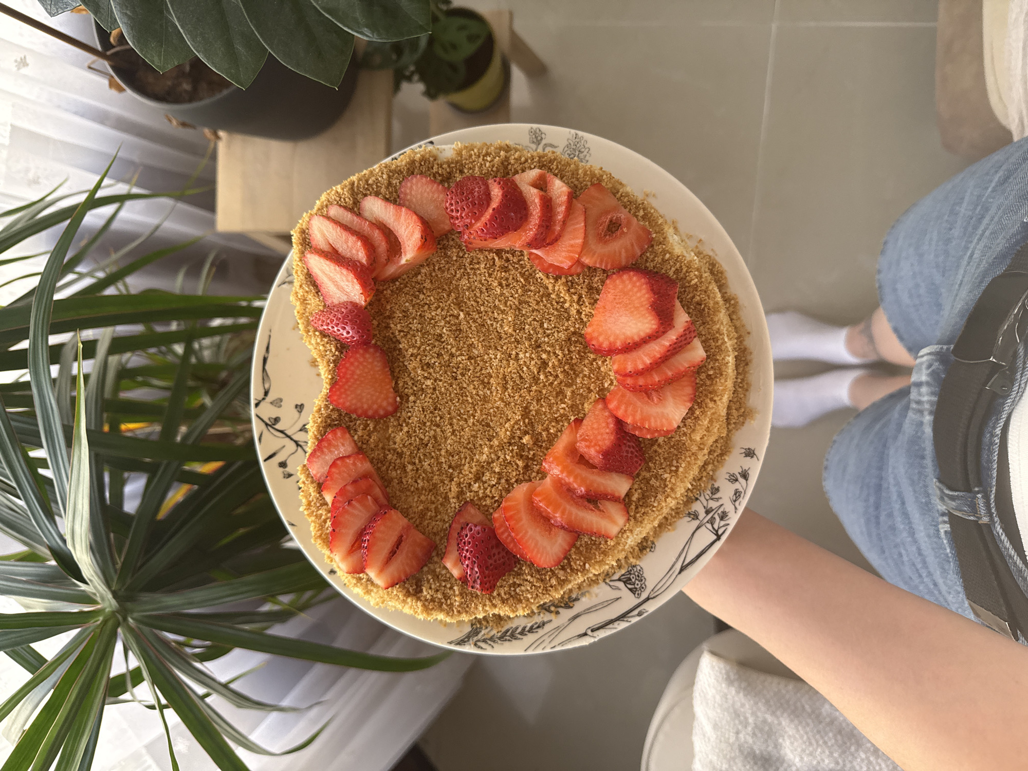 An aerial indoor shot depicts a person holding a cake on a patterned white plate. The cake is round, covered with brown crumbs and topped with fresh sliced strawberries arranged in a heart-like shape. The person holding the cake wears blue jeans and white socks. The scene also features two potted plants. The location is Rishon LeZion, Israel.